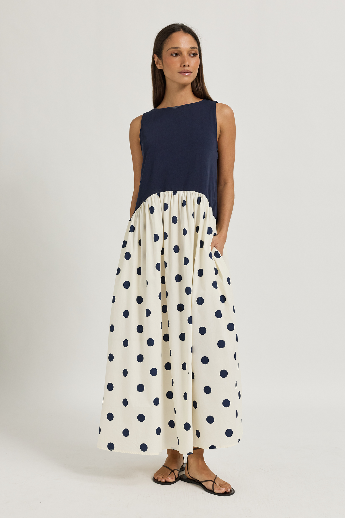 Evelyn Drop-Waist Midi Dress - Navy / Cream