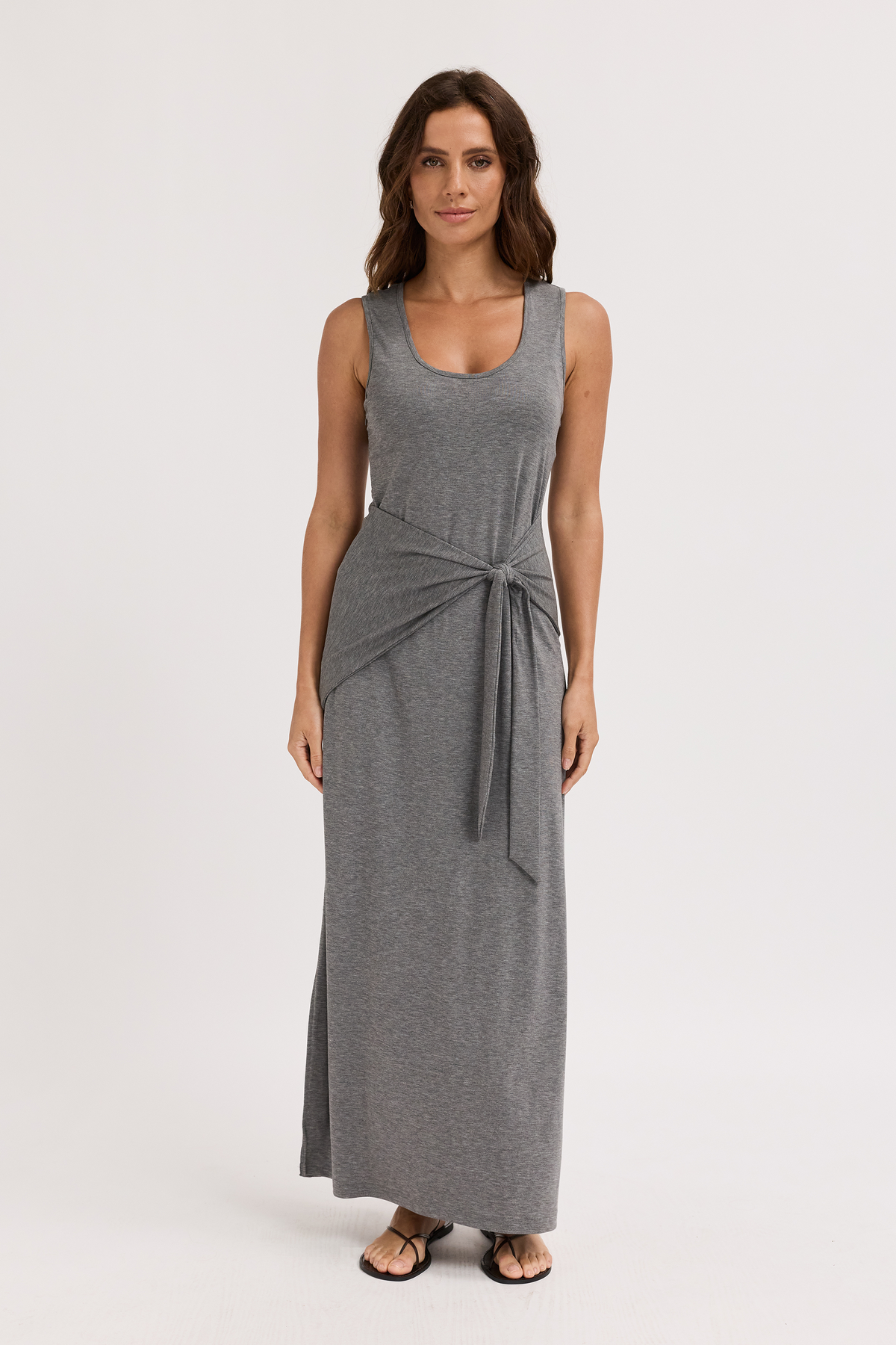 Greta Tie-Front Jersey Midi Dress - Charcoal Marle