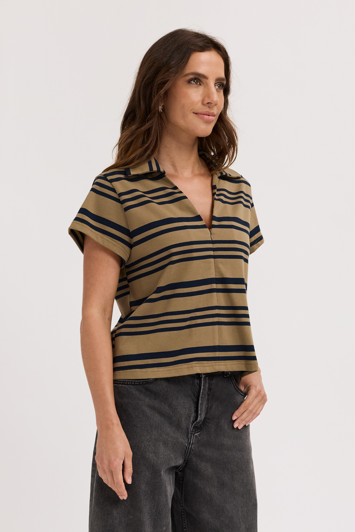Alba Stripe Zip Front Tee - Khaki / Navy