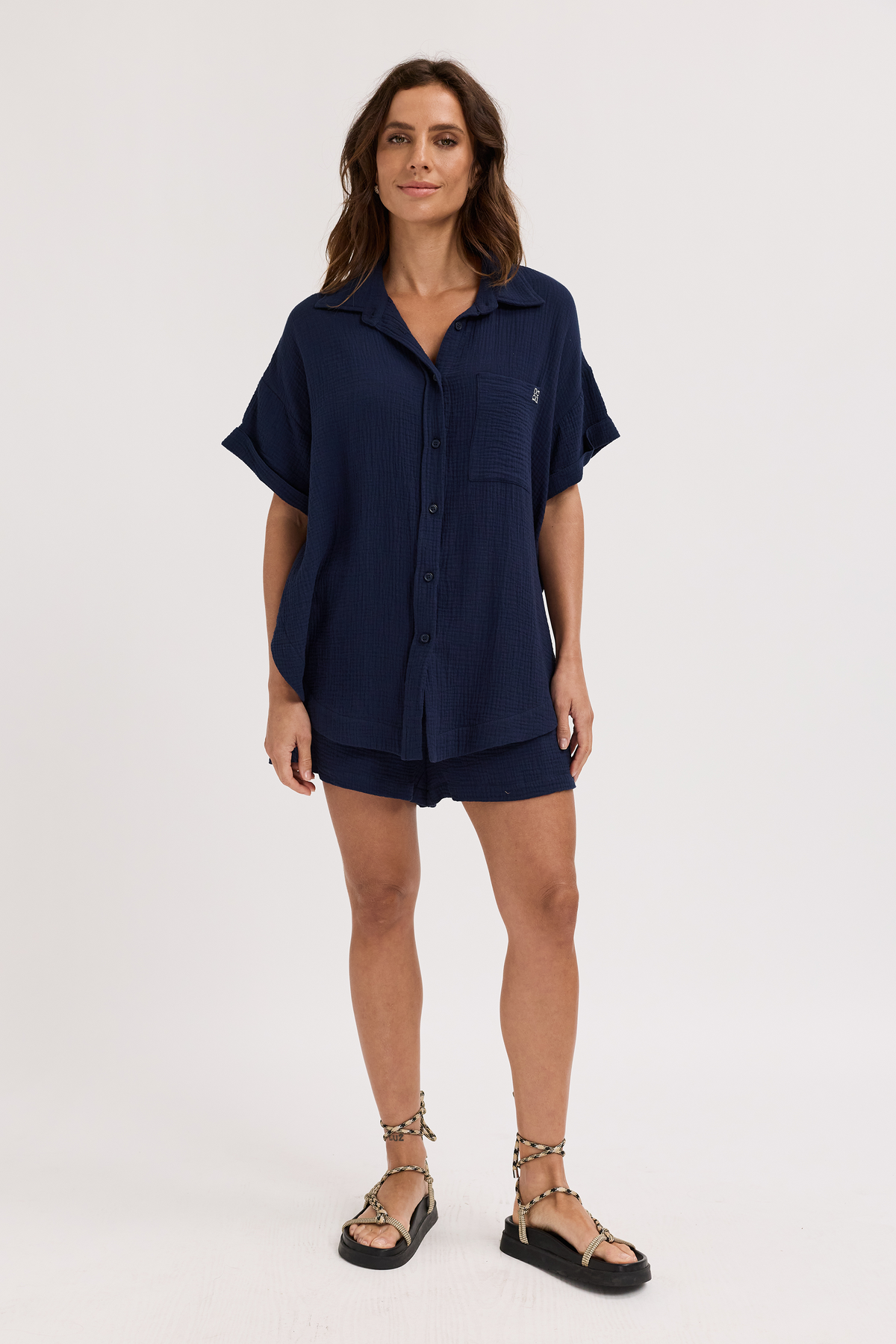 Reese Rolled Sleeve Button-Down Shirt - Navy