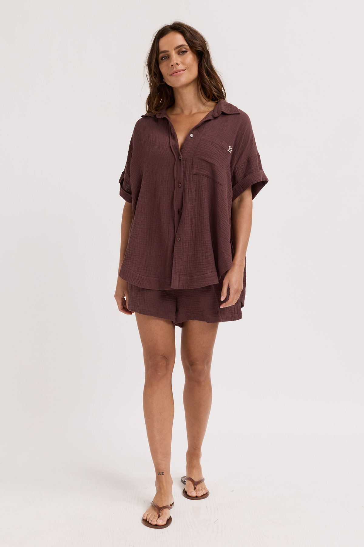 Reese Rolled Sleeve Button-Down Shirt - Chocolate