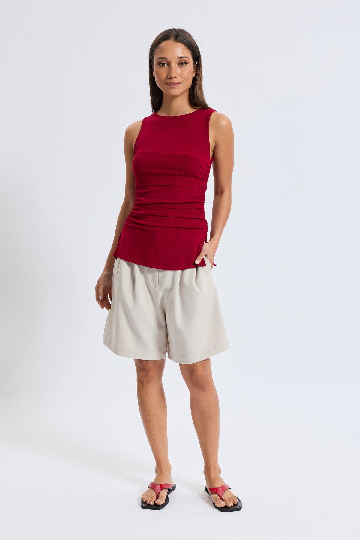Ari Ribbed Ruched Tank - Red