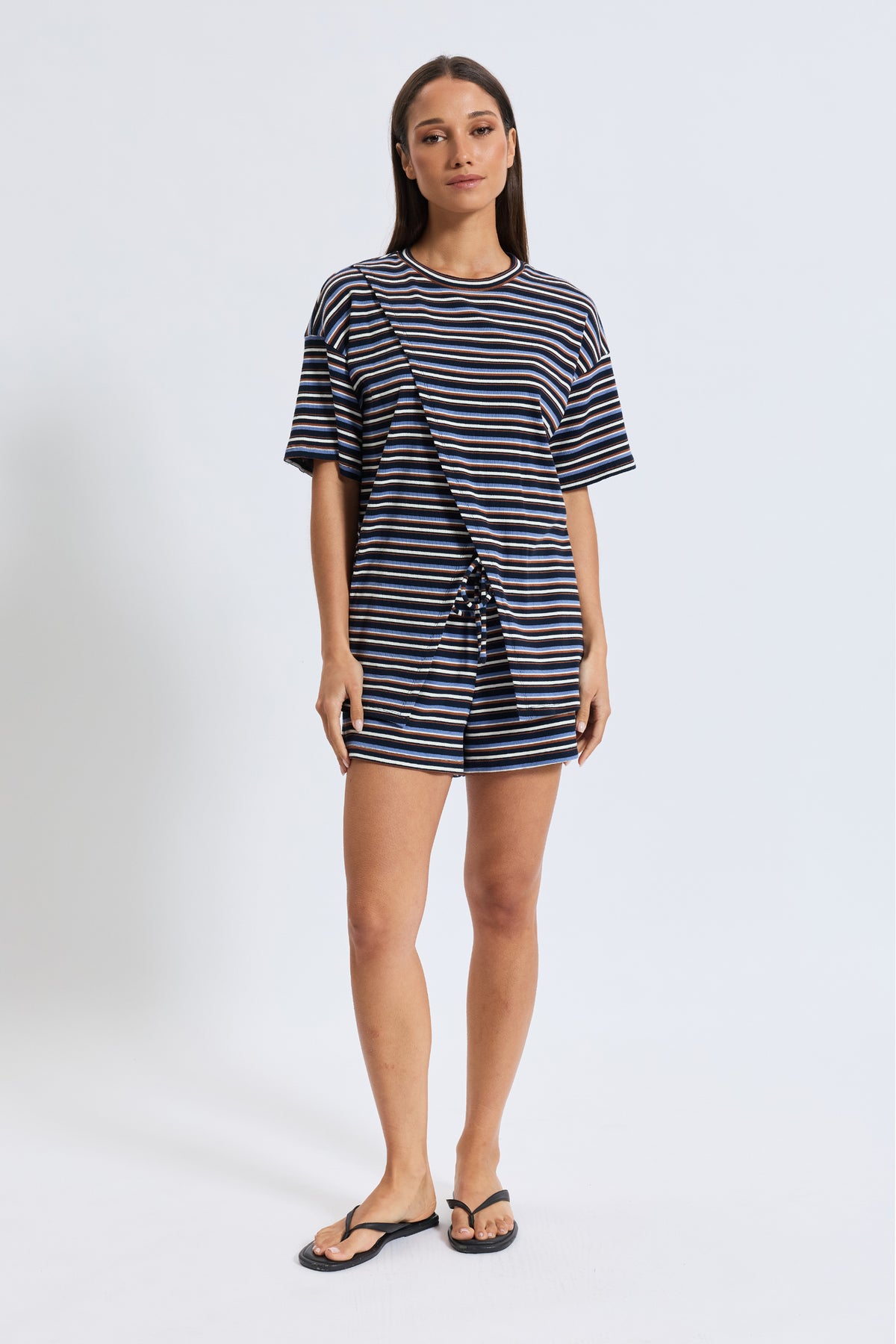 Ivy Stripe Longline Wrap Tee - Navy / Tan / White