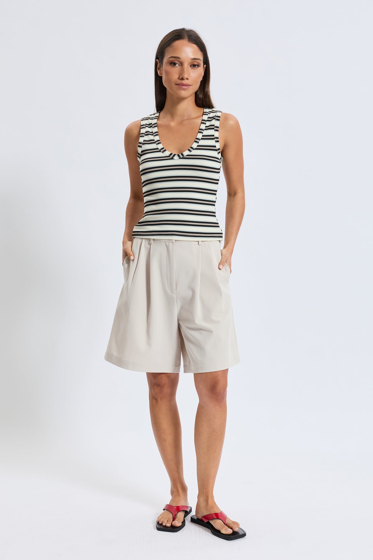 Ariana V-Neck Stripe Tank - Cream / Black / Beige