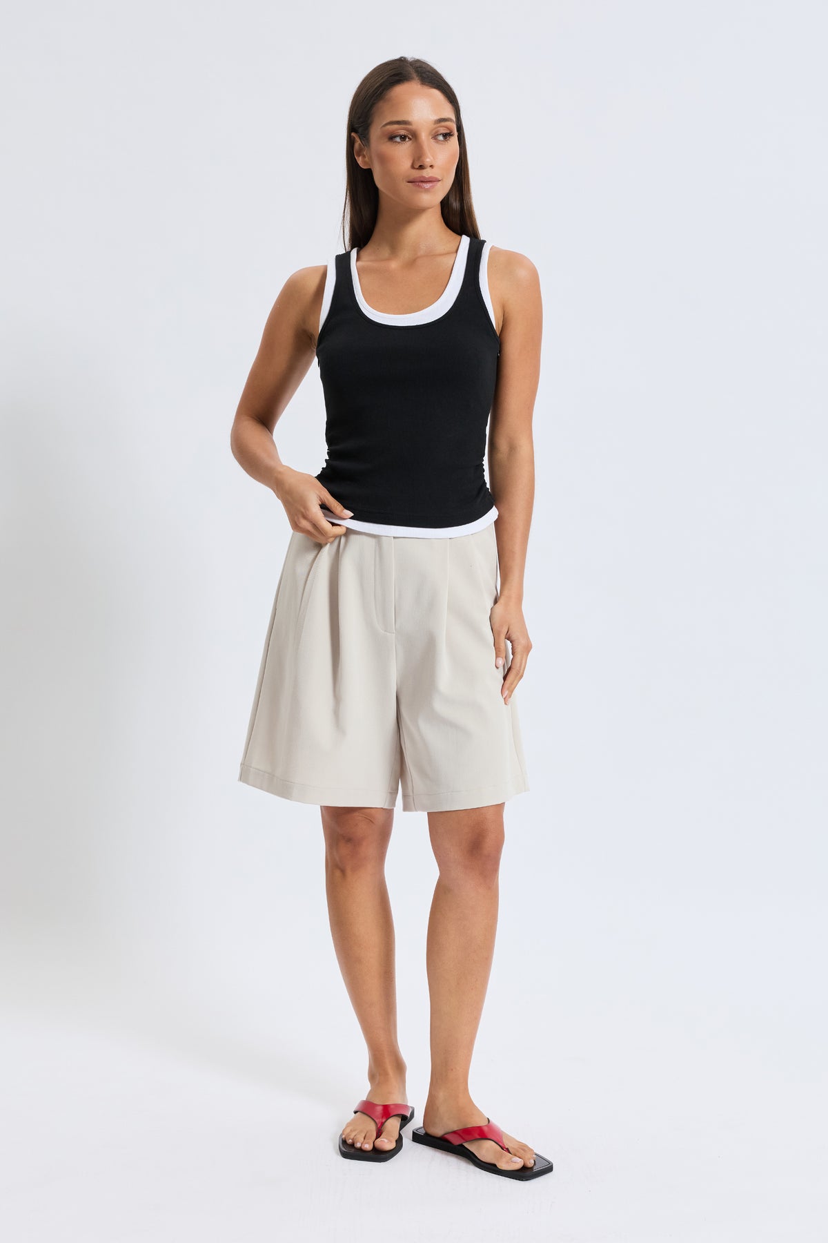 Vicki Layered-Look Ribbed Tank - Black / White