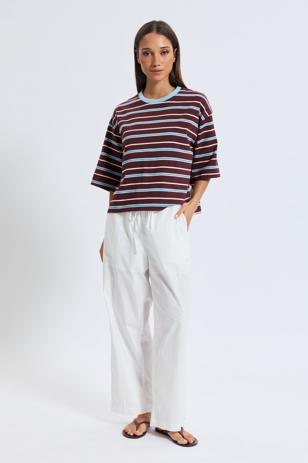 Brooklyn Stripe Slouch Panel Tee - Burgundy / Blue