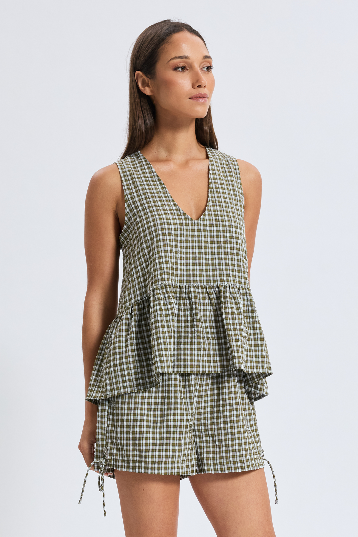 Kinsley Plaid Frill Top - Olive / White / Blue