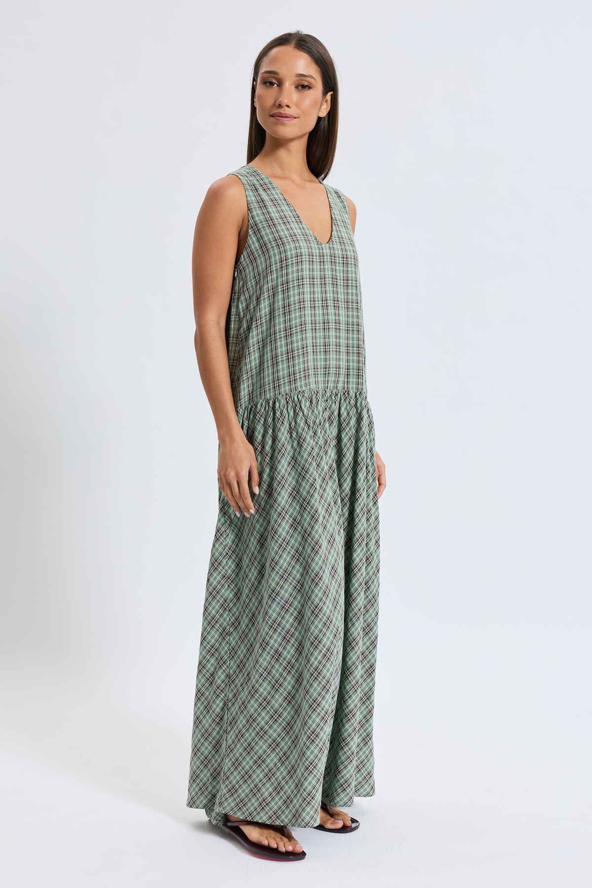 Layla Plaid Maxi Dress - Mint / Burgundy