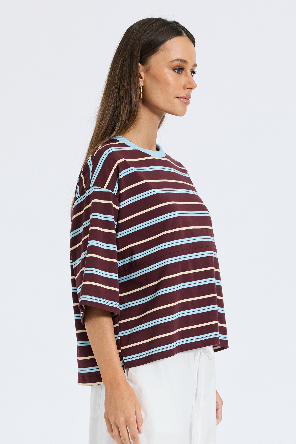 Brooklyn Stripe Slouch Panel Tee - Burgundy / Blue