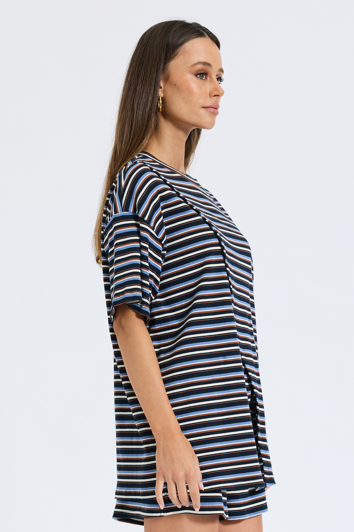 Ivy Stripe Longline Wrap Tee - Navy / Tan / White