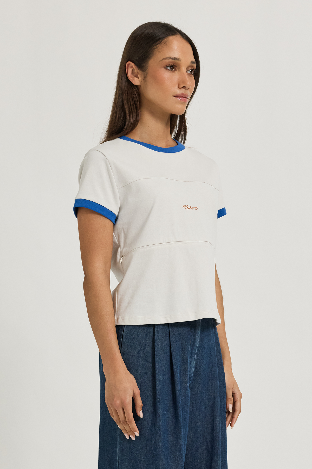 Wren Contrast Baby Tee  - Stone / Cobalt