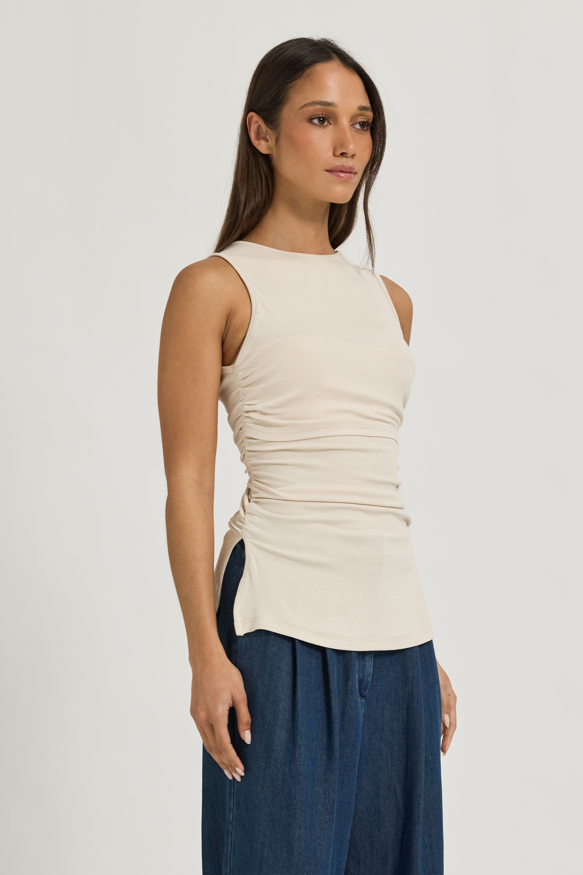 Ari Ribbed Ruched Tank - Oatmeal