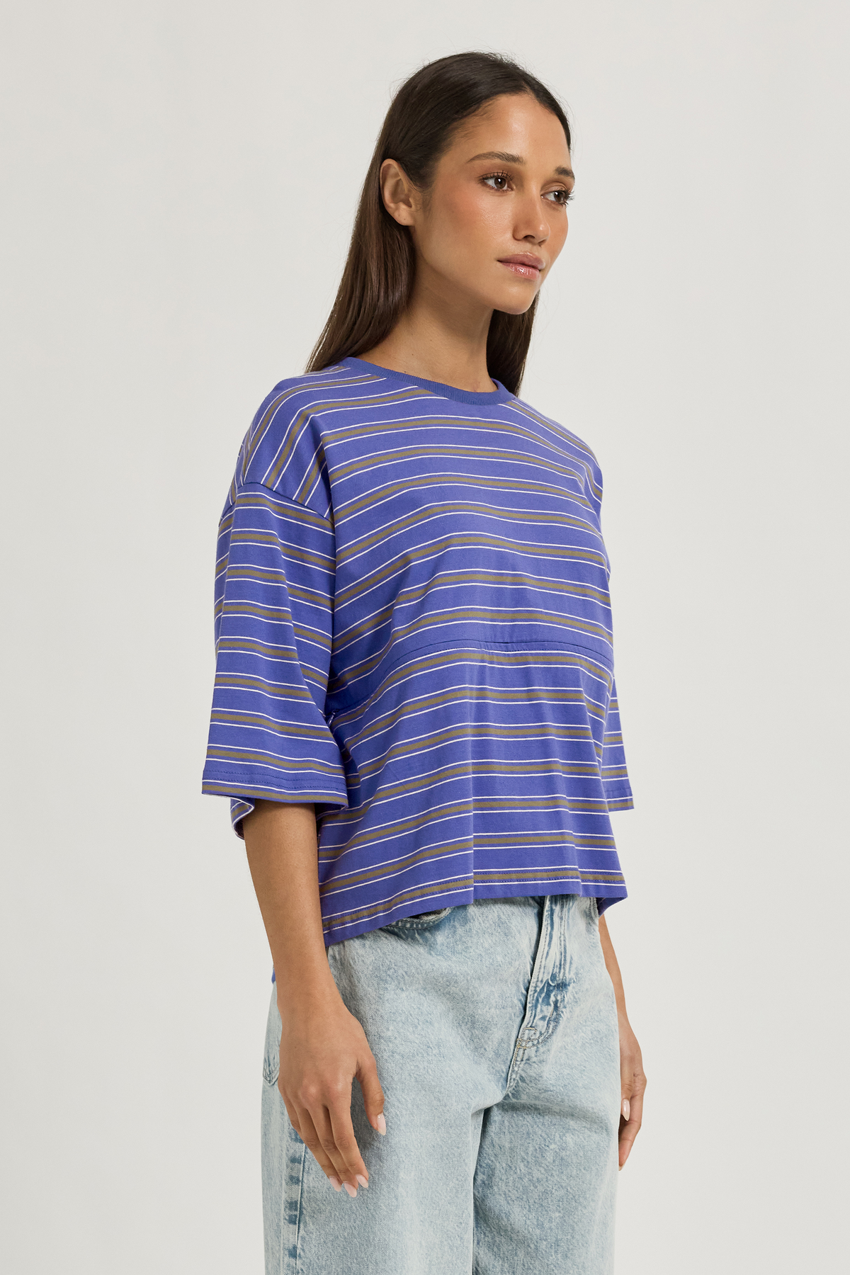 Brooklyn Stripe Slouch Panel Tee - Cobalt / Olive / White