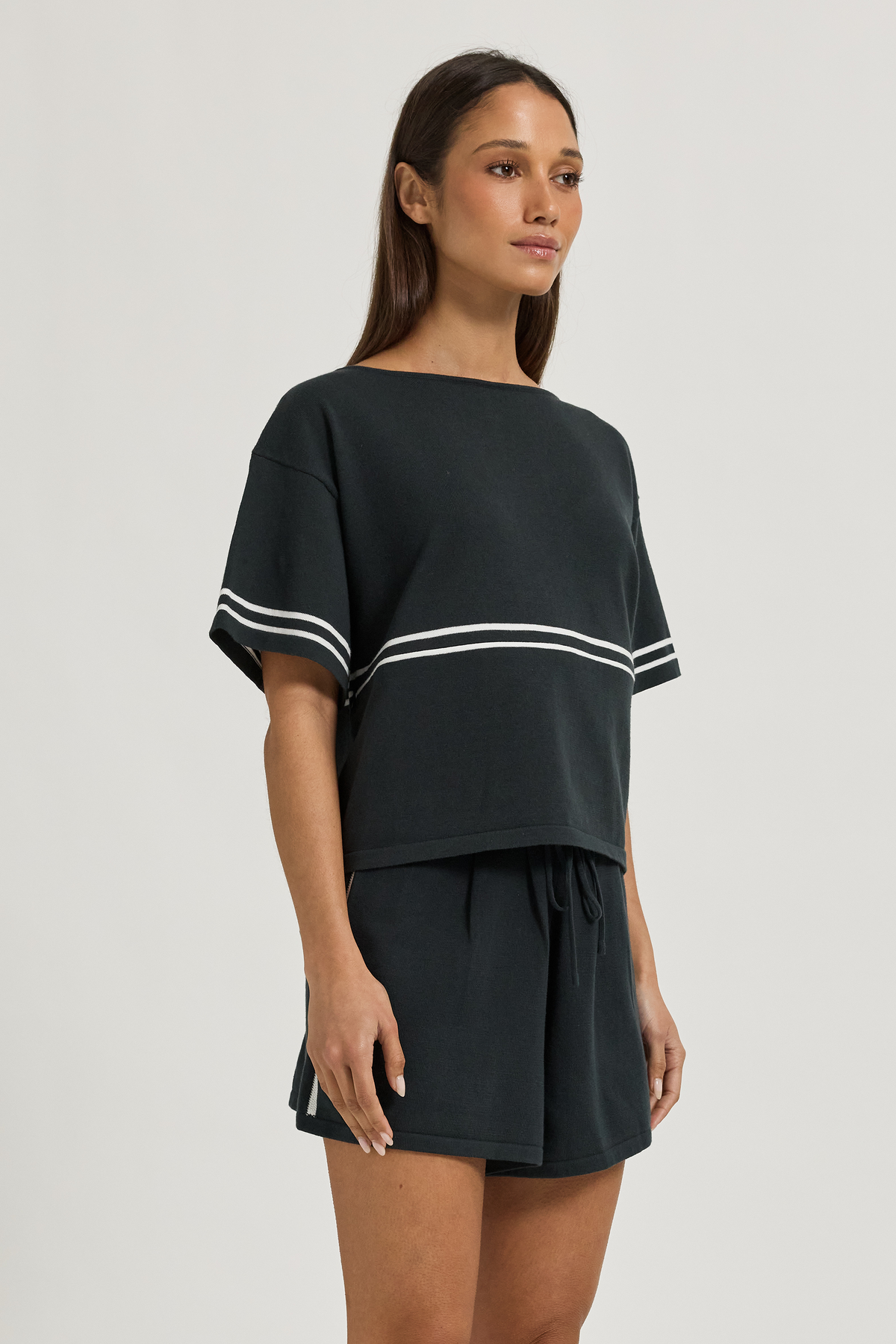 Axel Cotton Knit Boat Neck Tee - Forest Green / White
