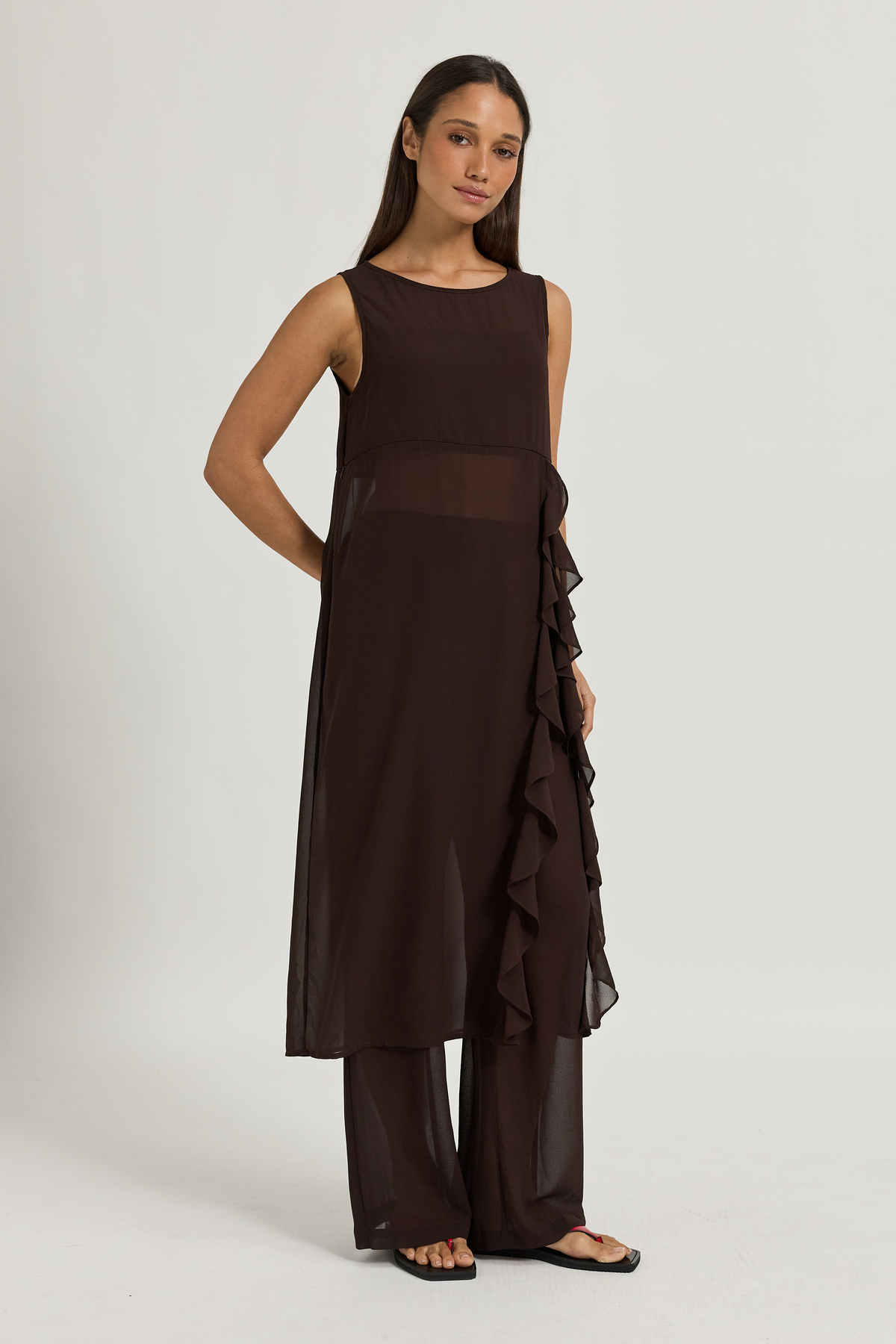 Zoi Sheer Longline Panel Top - Chocolate