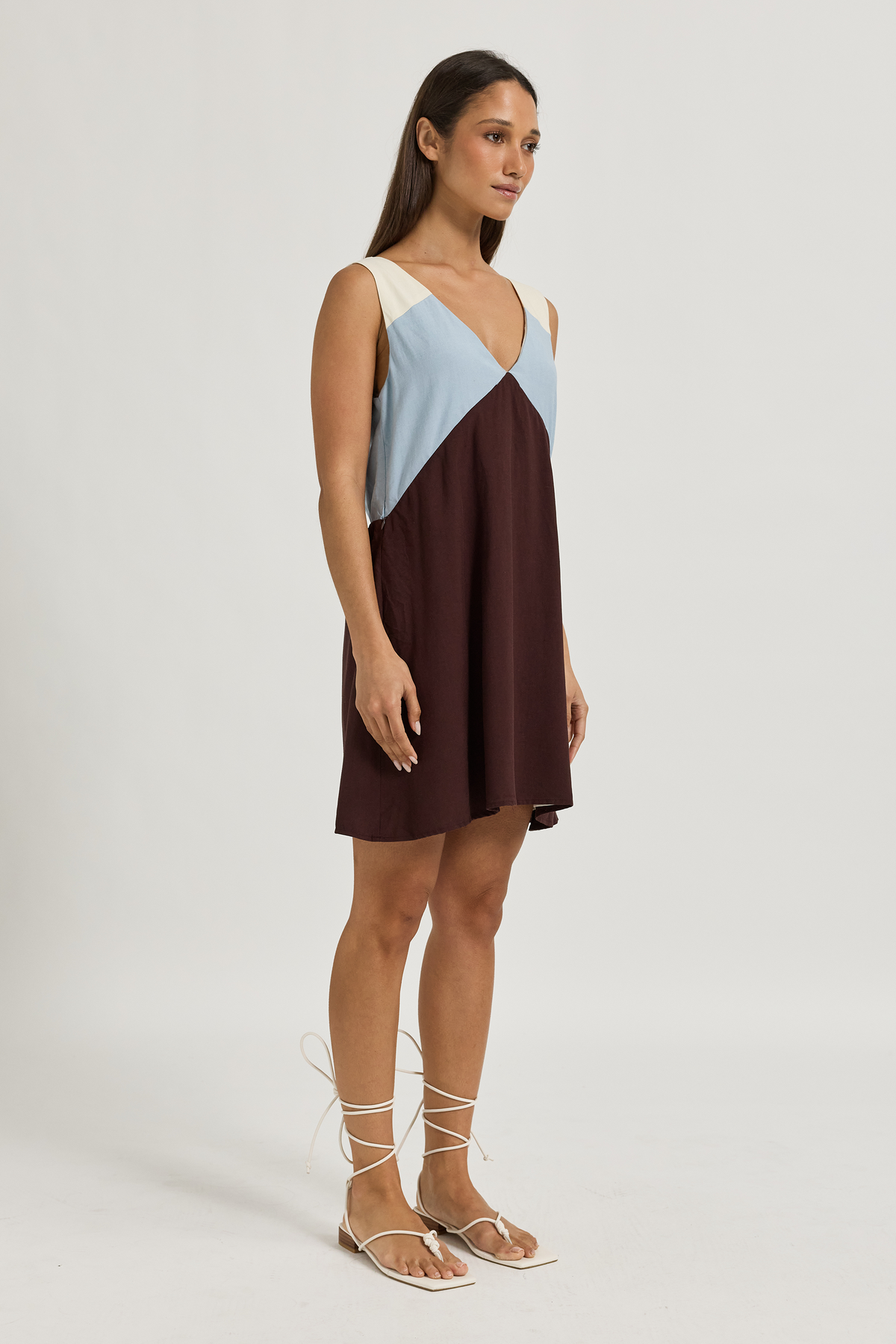 Yumi Panelled Mini Dress - Chocolate / Blue / Cream