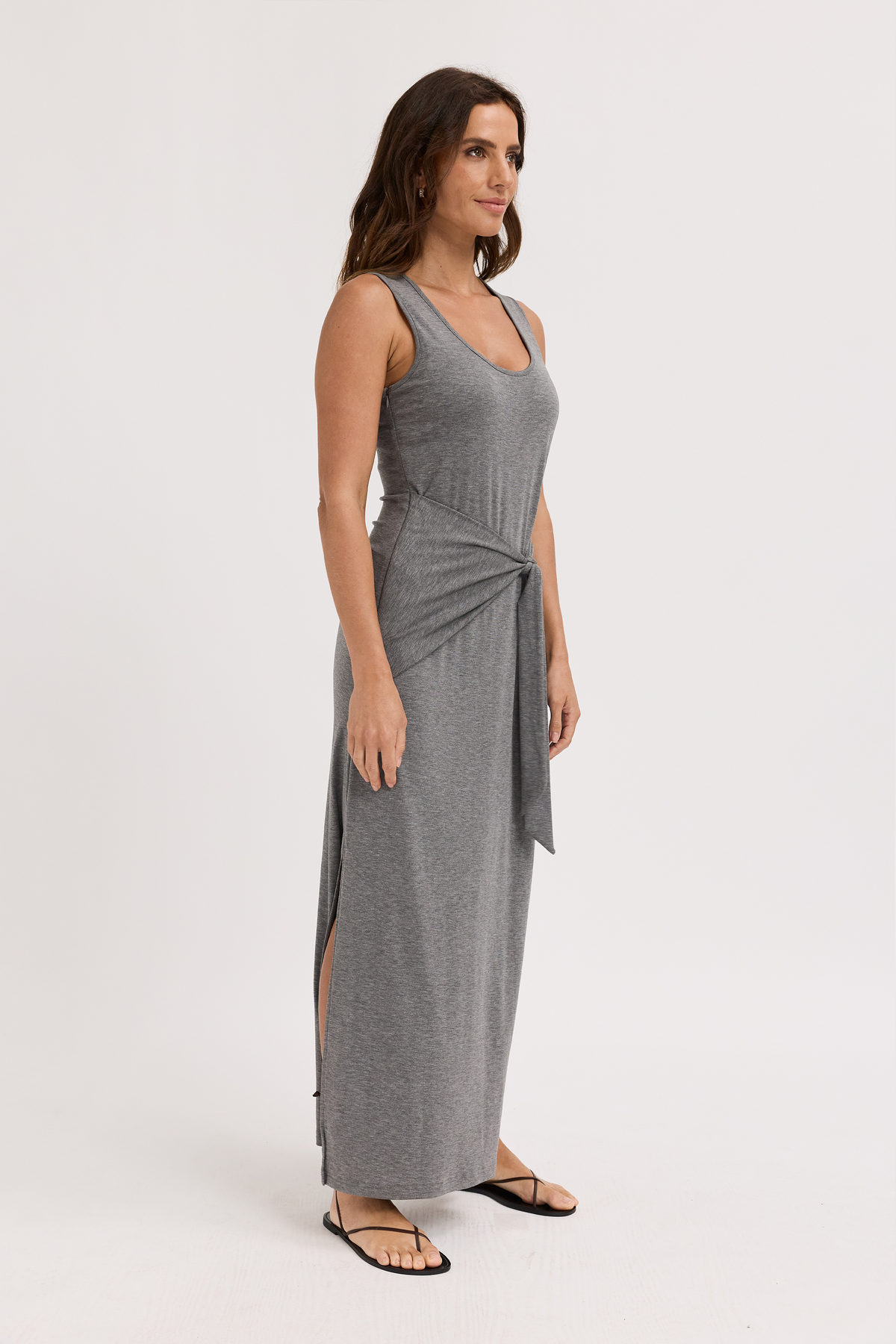 Greta Tie-Front Jersey Midi Dress - Charcoal Marle