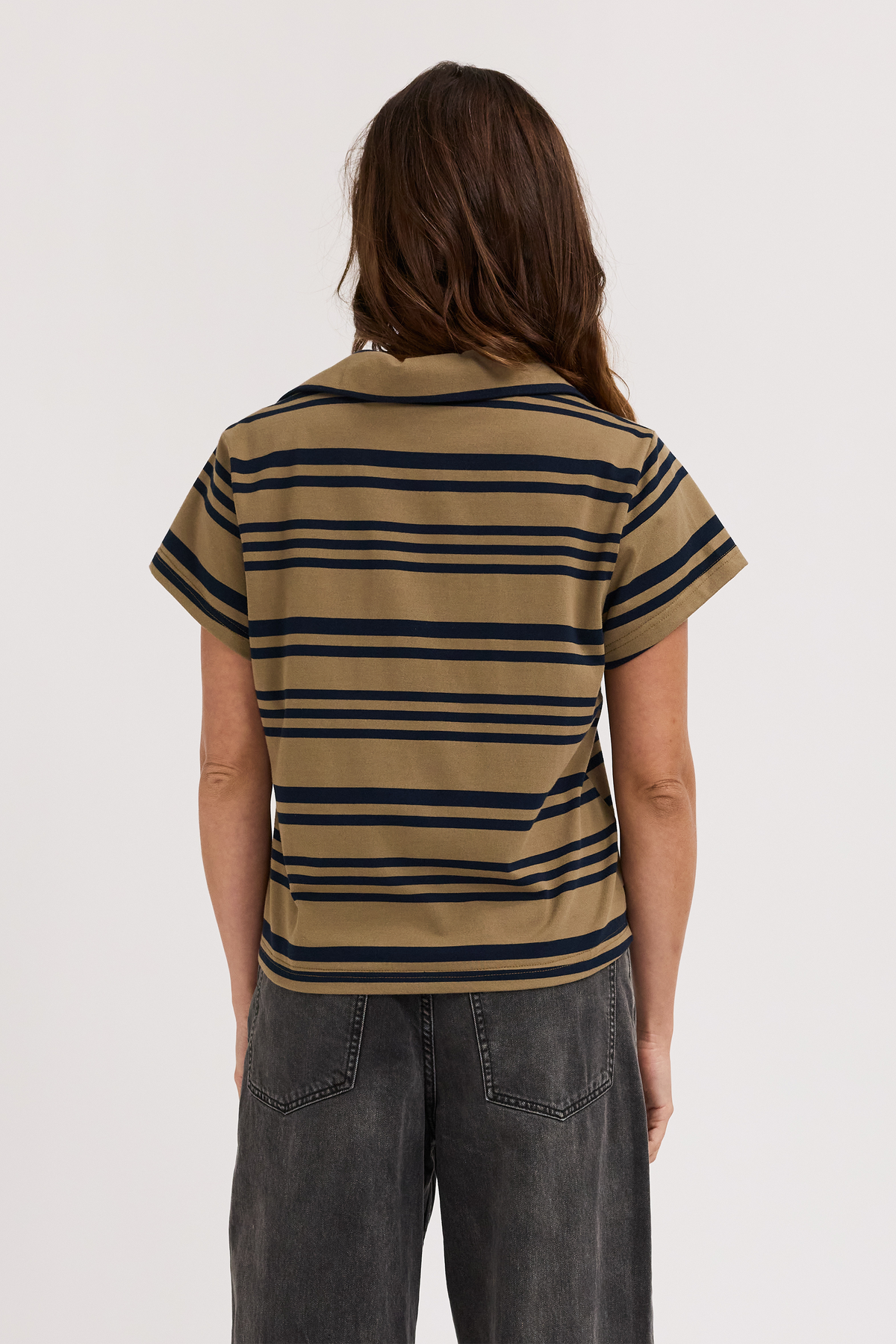 Alba Stripe Zip Front Tee - Khaki / Navy