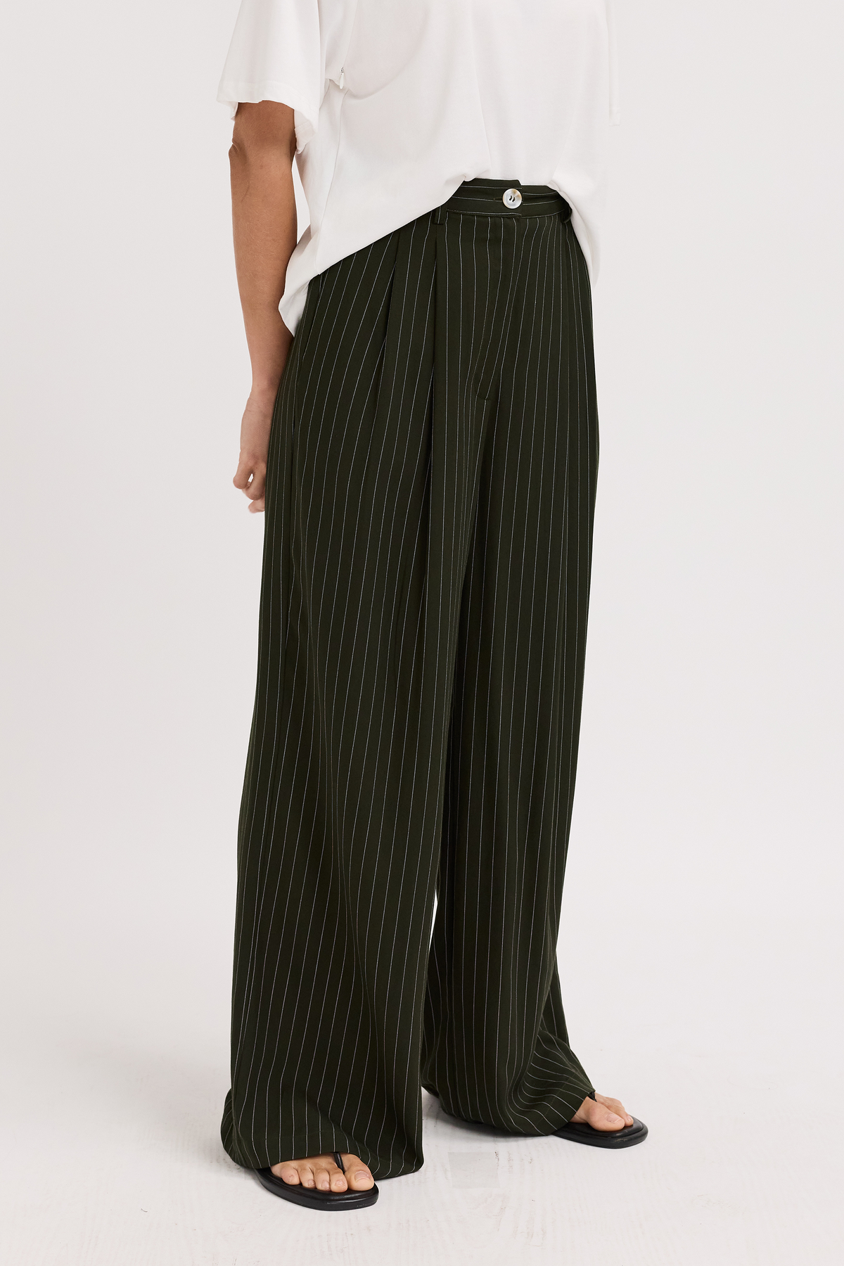 Bambi Pinstripe Adjustable Wide Leg Trouser - Pine Green
