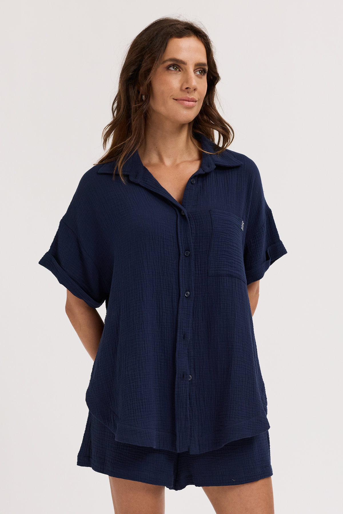 Reese Rolled Sleeve Button-Down Shirt - Navy