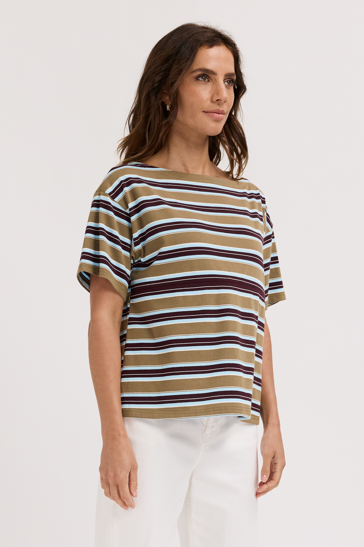 Aria Stripe Boatneck Panel Tee - Olive Multi