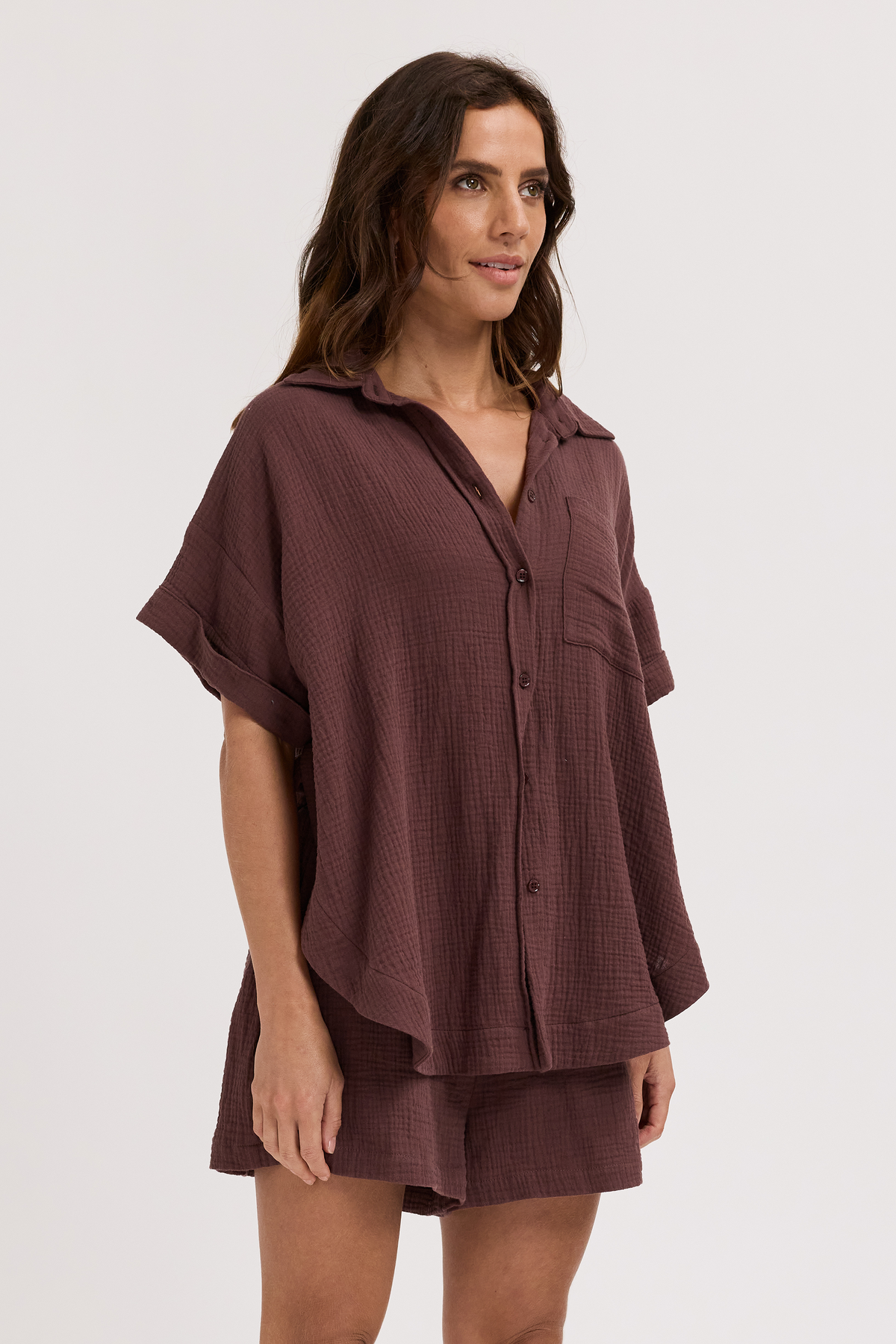 Reese Rolled Sleeve Button-Down Shirt - Chocolate