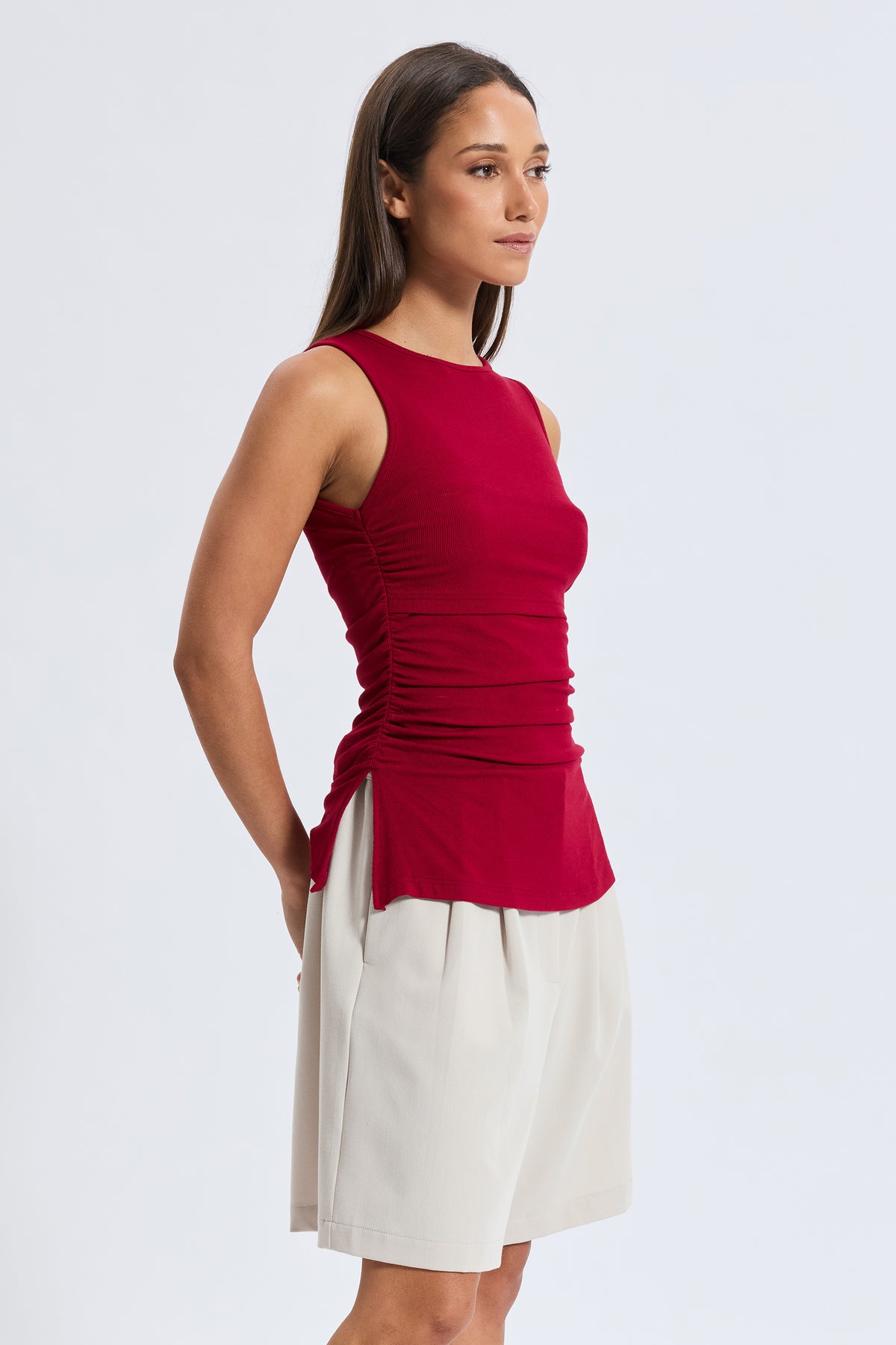 Ari Ribbed Ruched Tank - Red