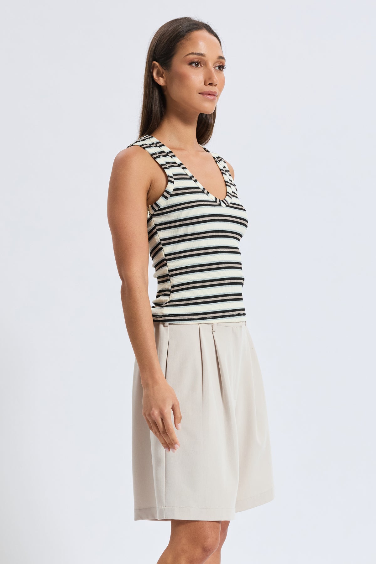 Ariana V-Neck Stripe Tank - Cream / Black / Beige