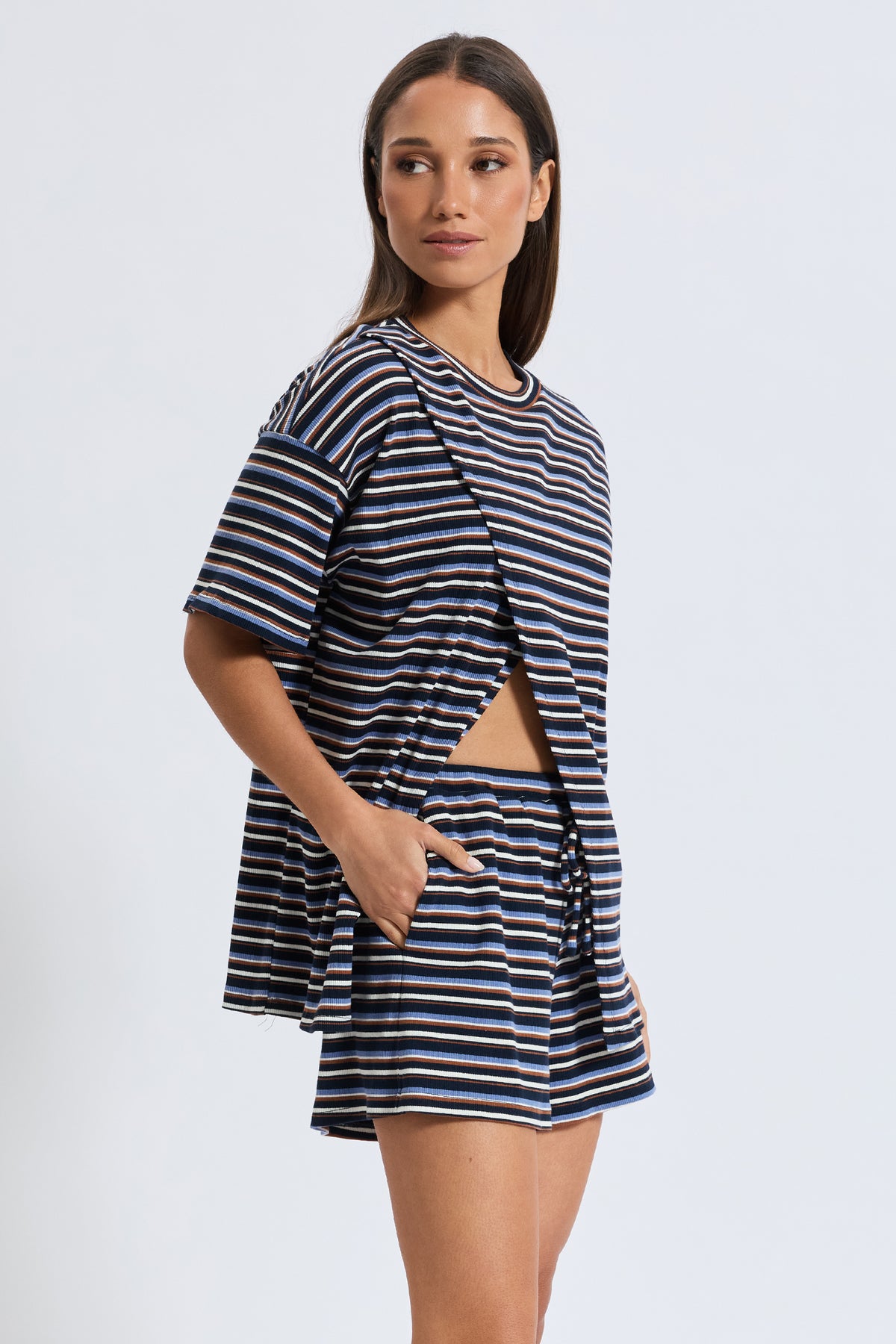 Ivy Stripe Longline Wrap Tee - Navy / Tan / White