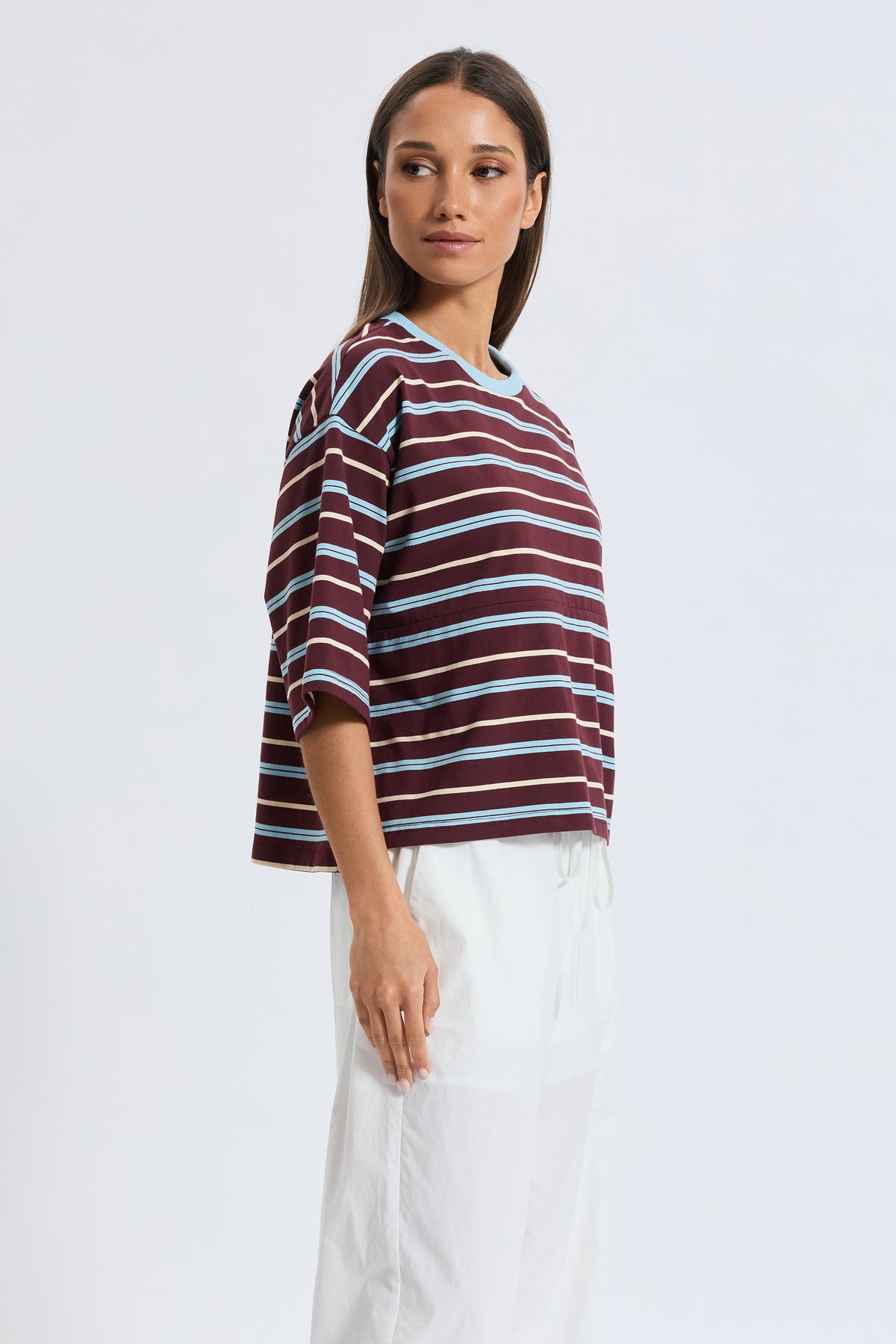 Brooklyn Stripe Slouch Panel Tee - Burgundy / Blue