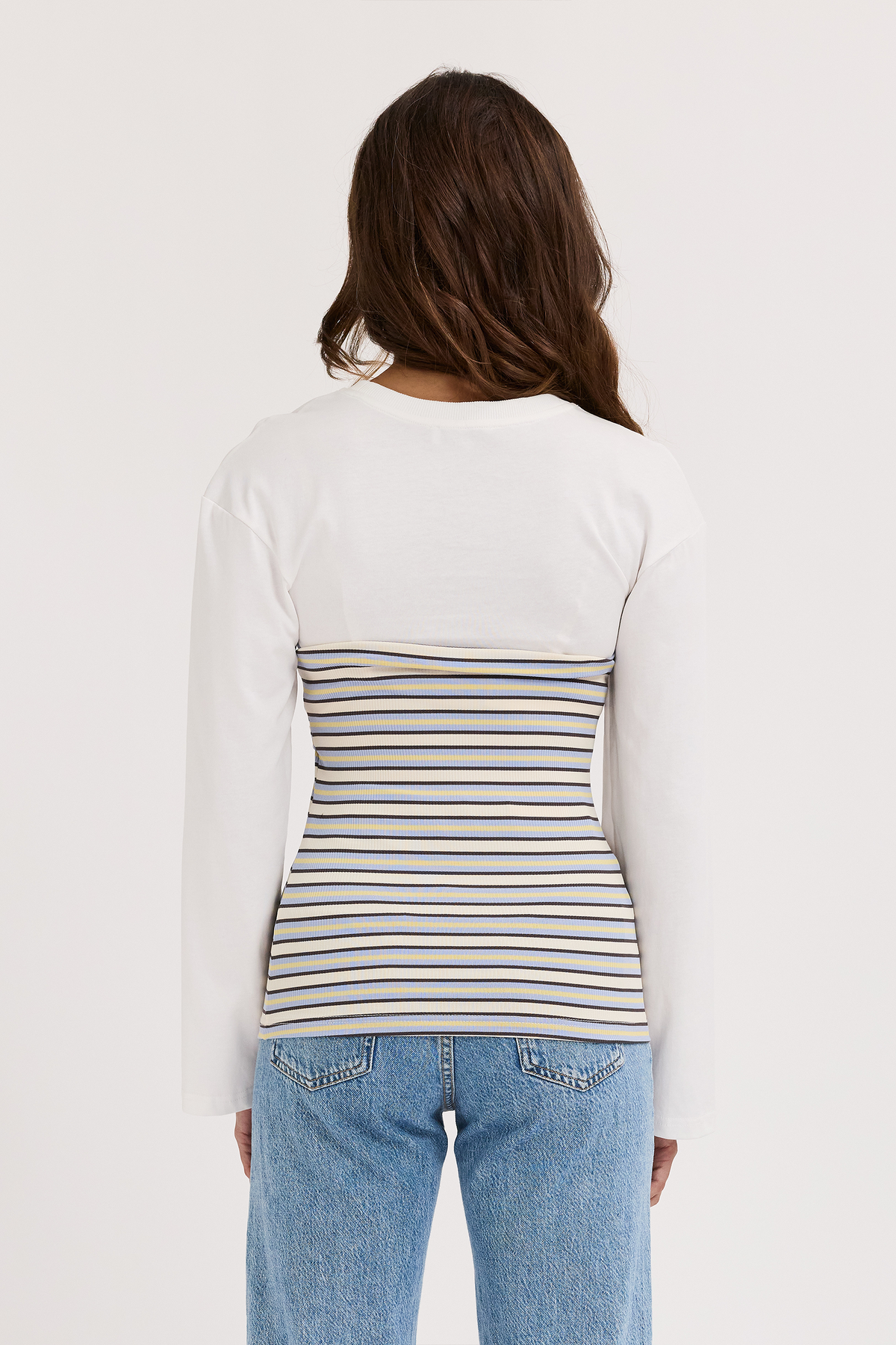 Jo Ribbed Bodice Long Sleeve Top - White / Multi Stripe