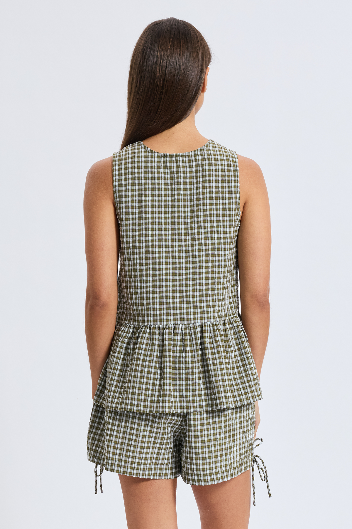 Kinsley Plaid Frill Top - Olive / White / Blue