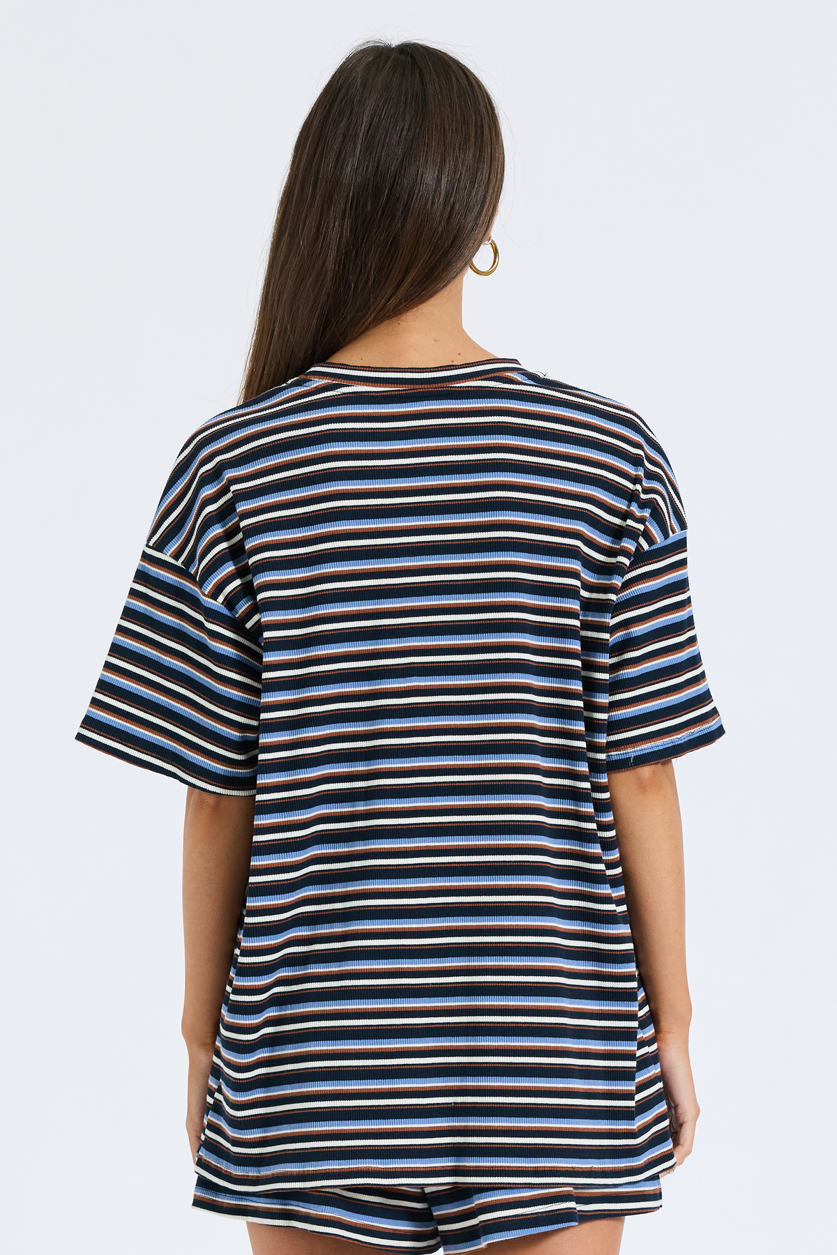 Ivy Stripe Longline Wrap Tee - Navy / Tan / White