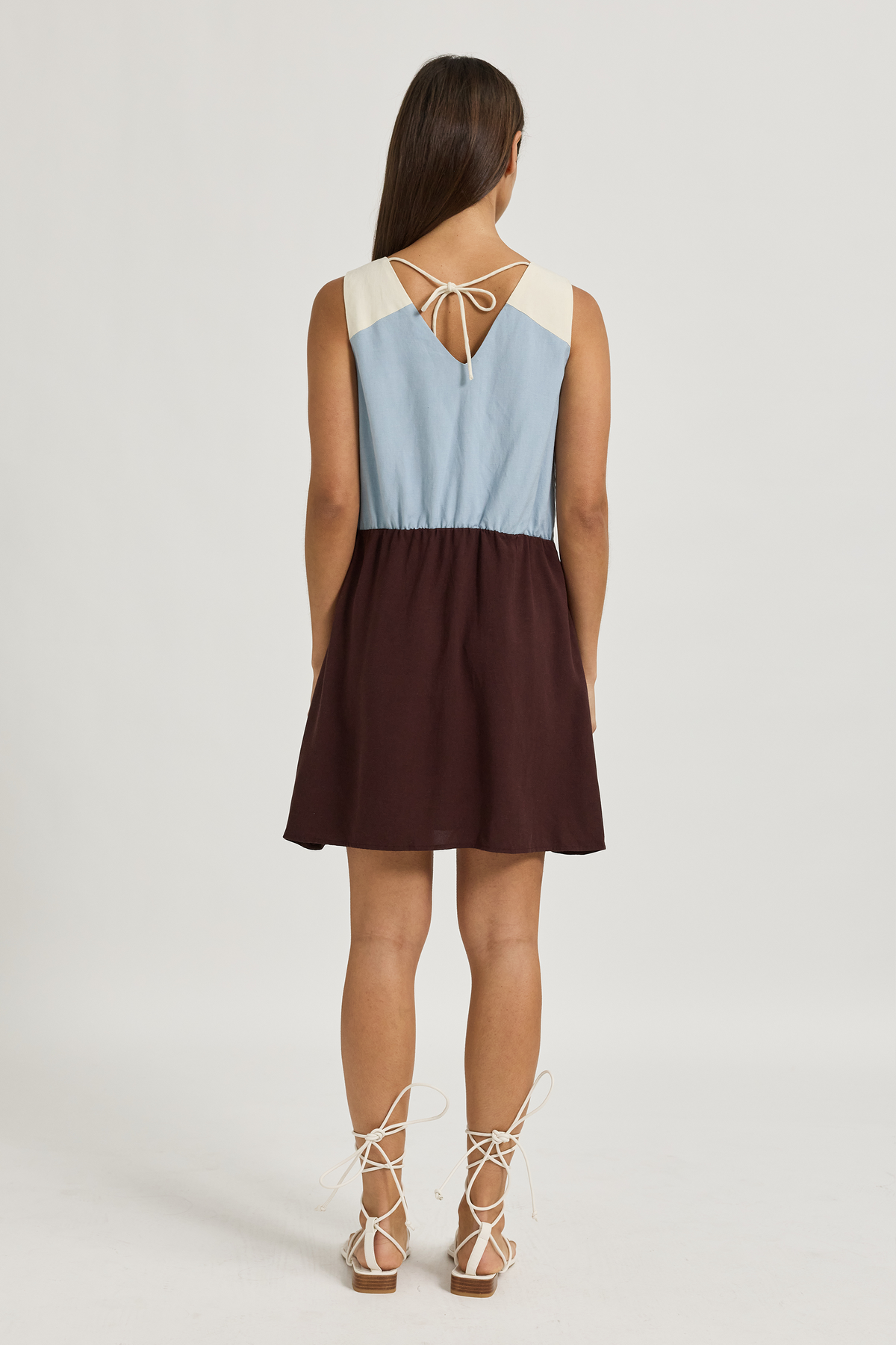 Yumi Panelled Mini Dress - Chocolate / Blue / Cream