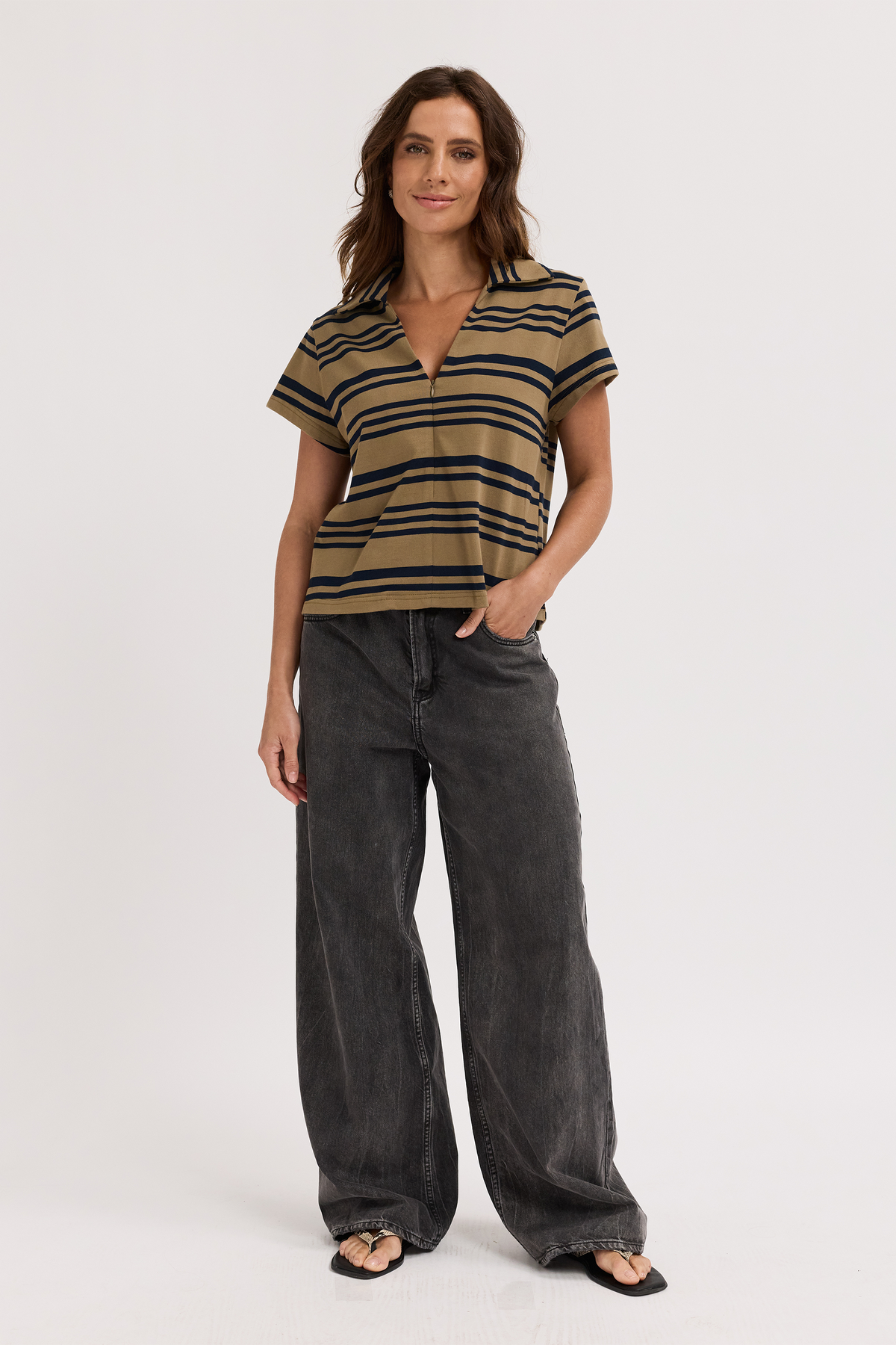 Alba Stripe Zip Front Tee - Khaki / Navy