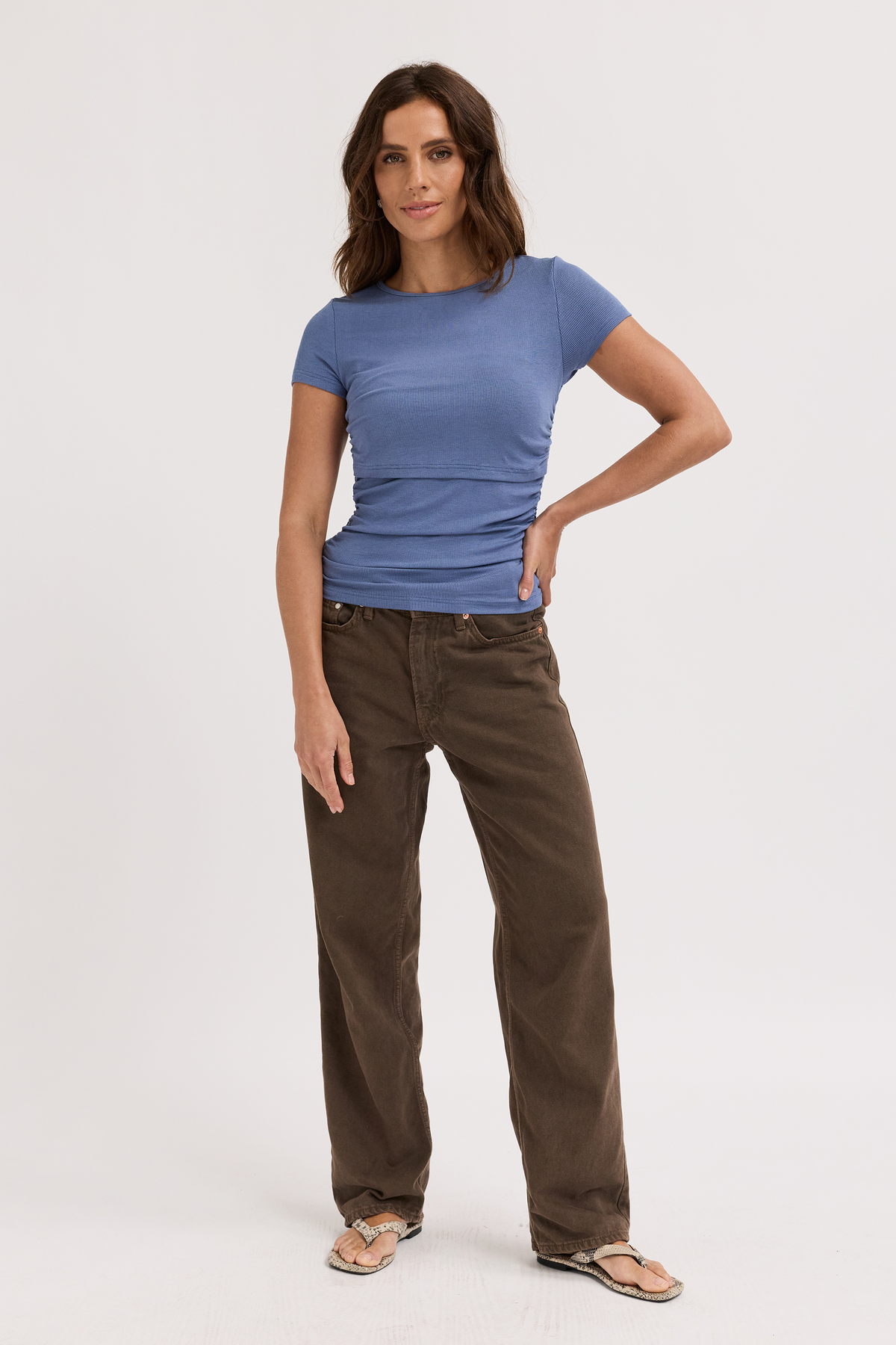 Ari Ribbed Ruched Tee - Blue