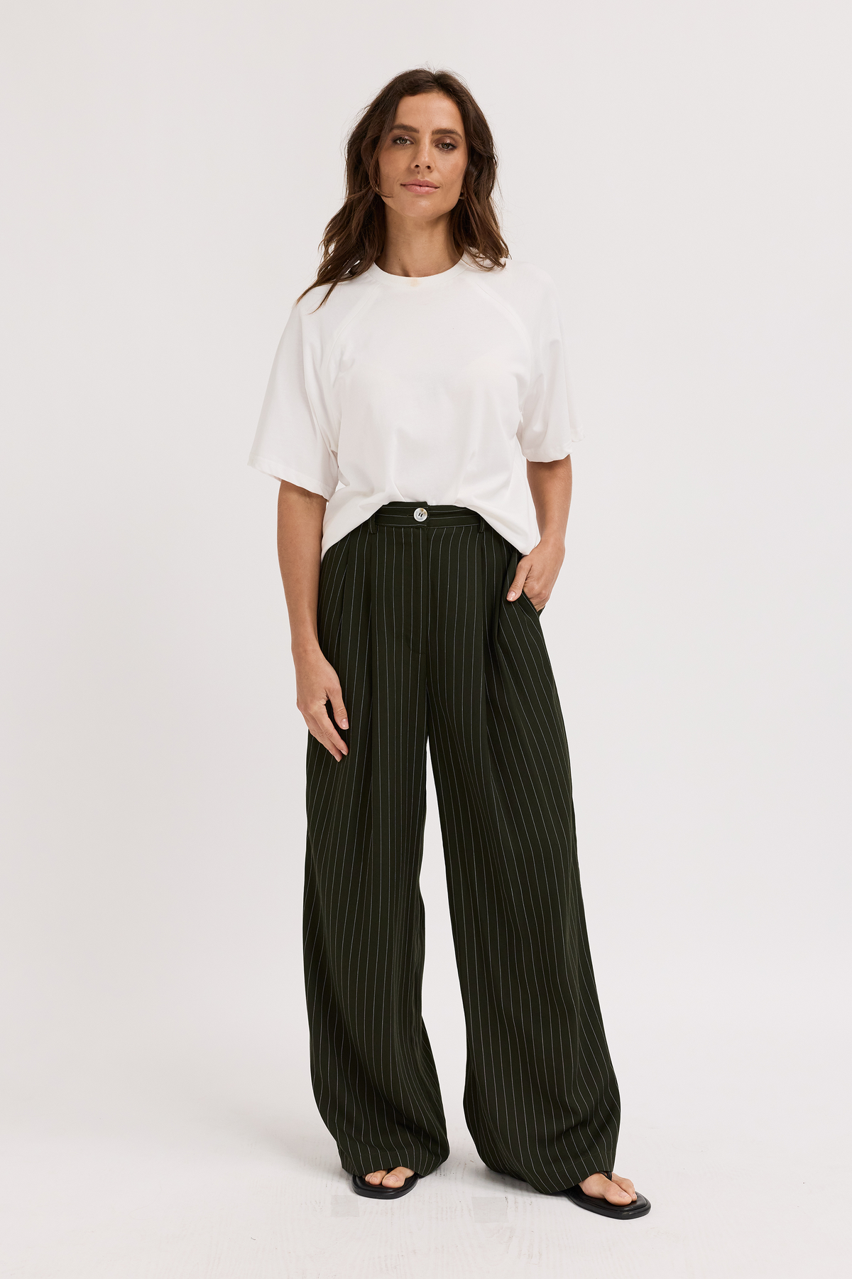Bambi Pinstripe Adjustable Wide Leg Trouser - Pine Green