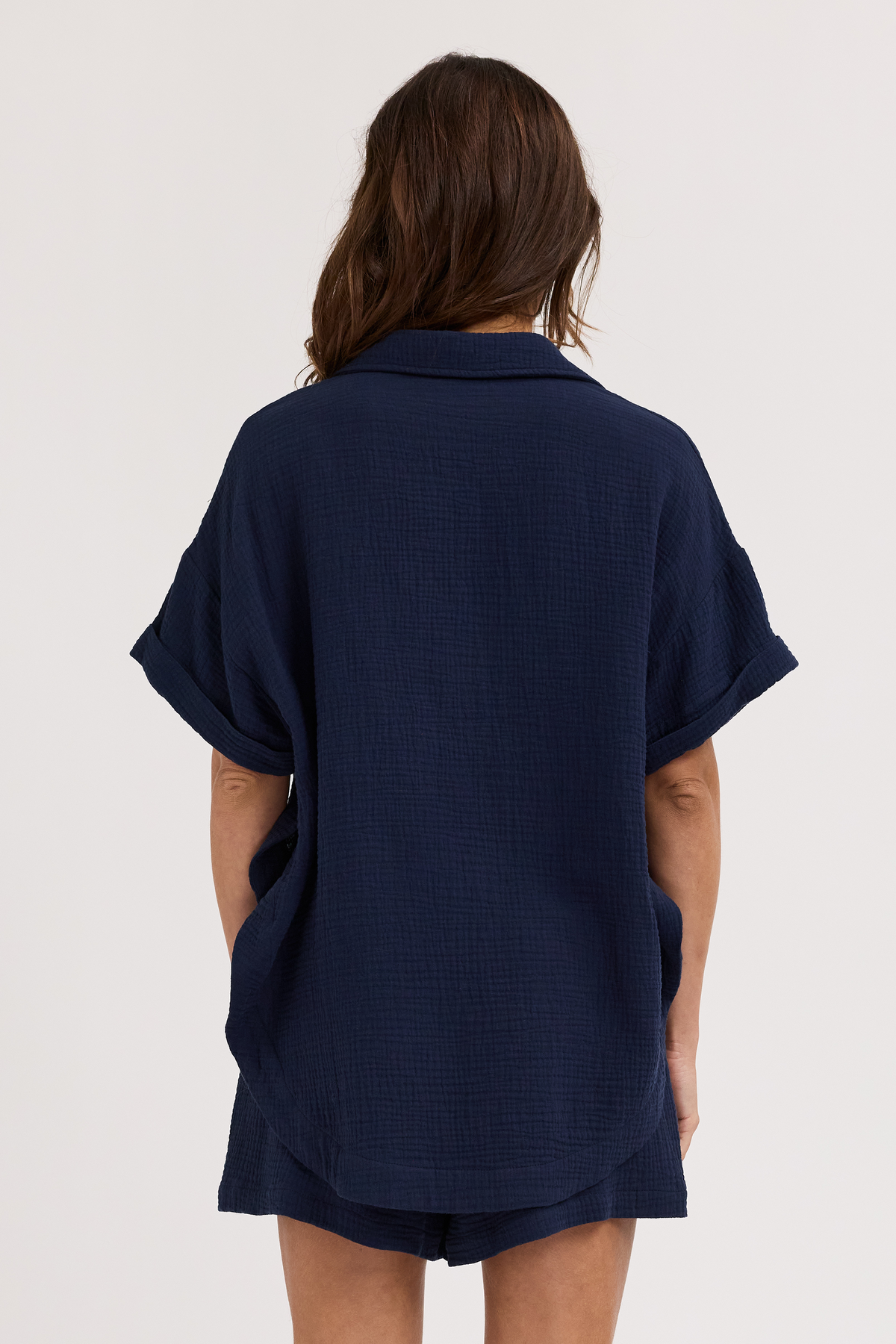Reese Rolled Sleeve Button-Down Shirt - Navy