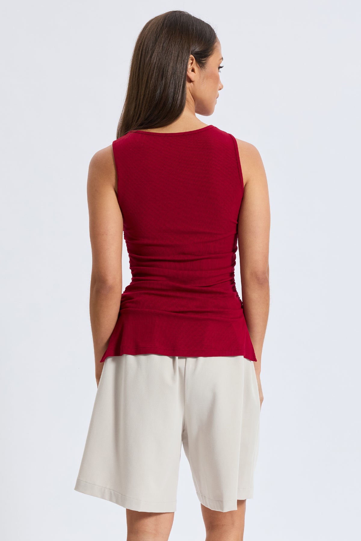 Ari Ribbed Ruched Tank - Red