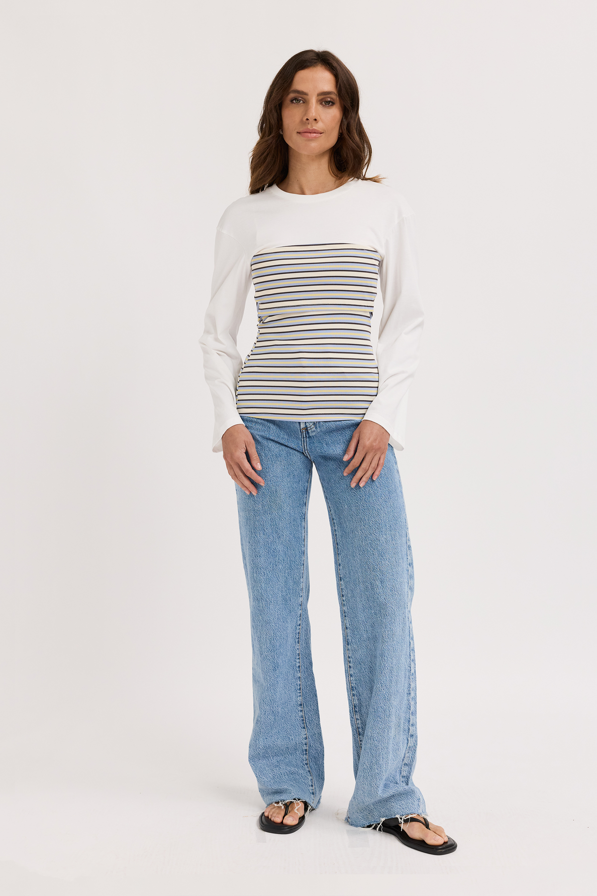 Jo Ribbed Bodice Long Sleeve Top - White / Multi Stripe
