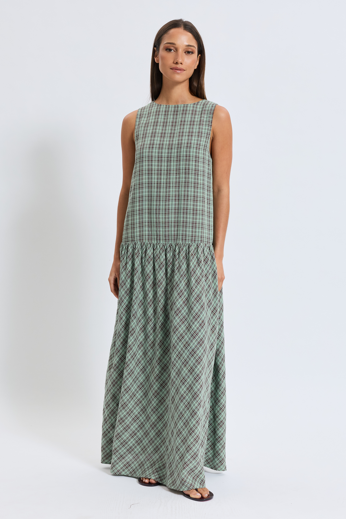 Layla Plaid Maxi Dress - Mint / Burgundy