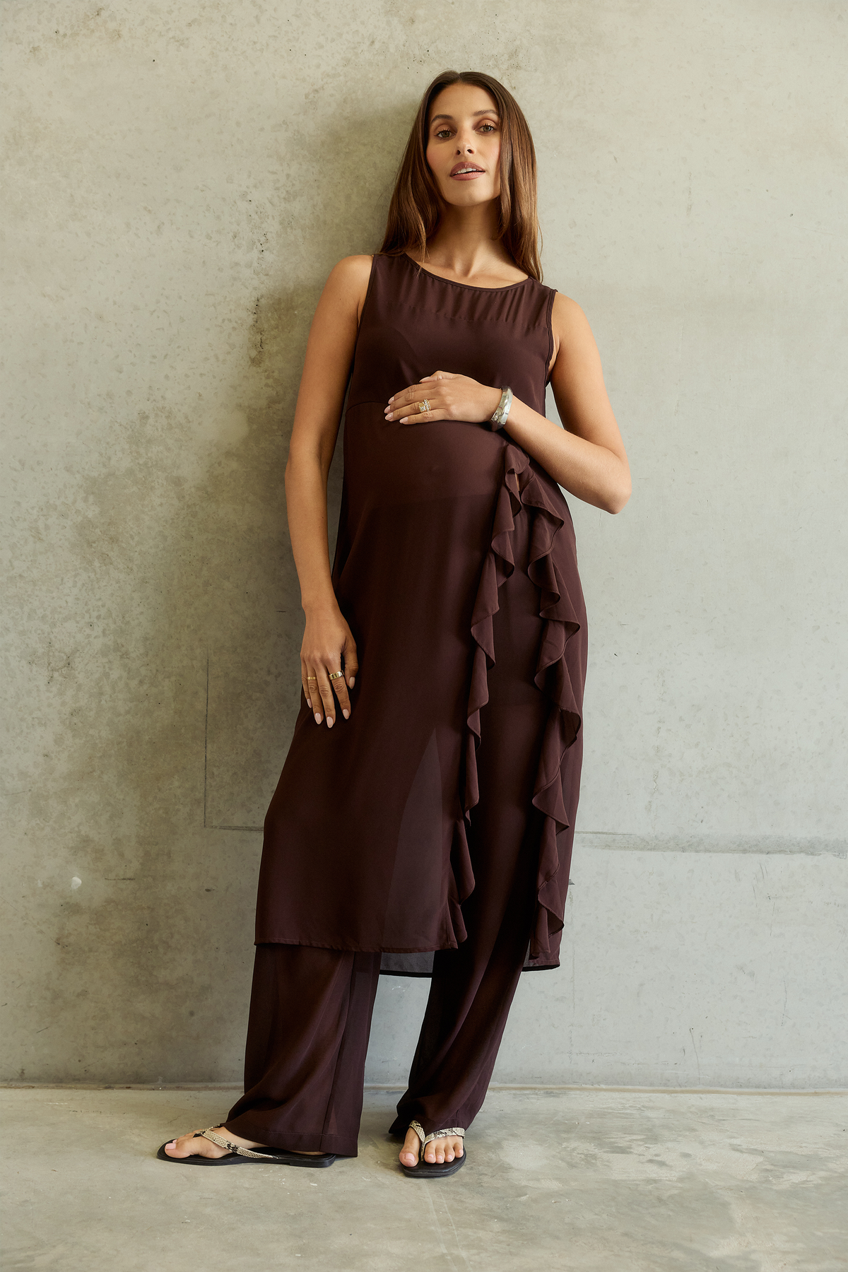 Zoi Sheer Longline Panel Top - Chocolate