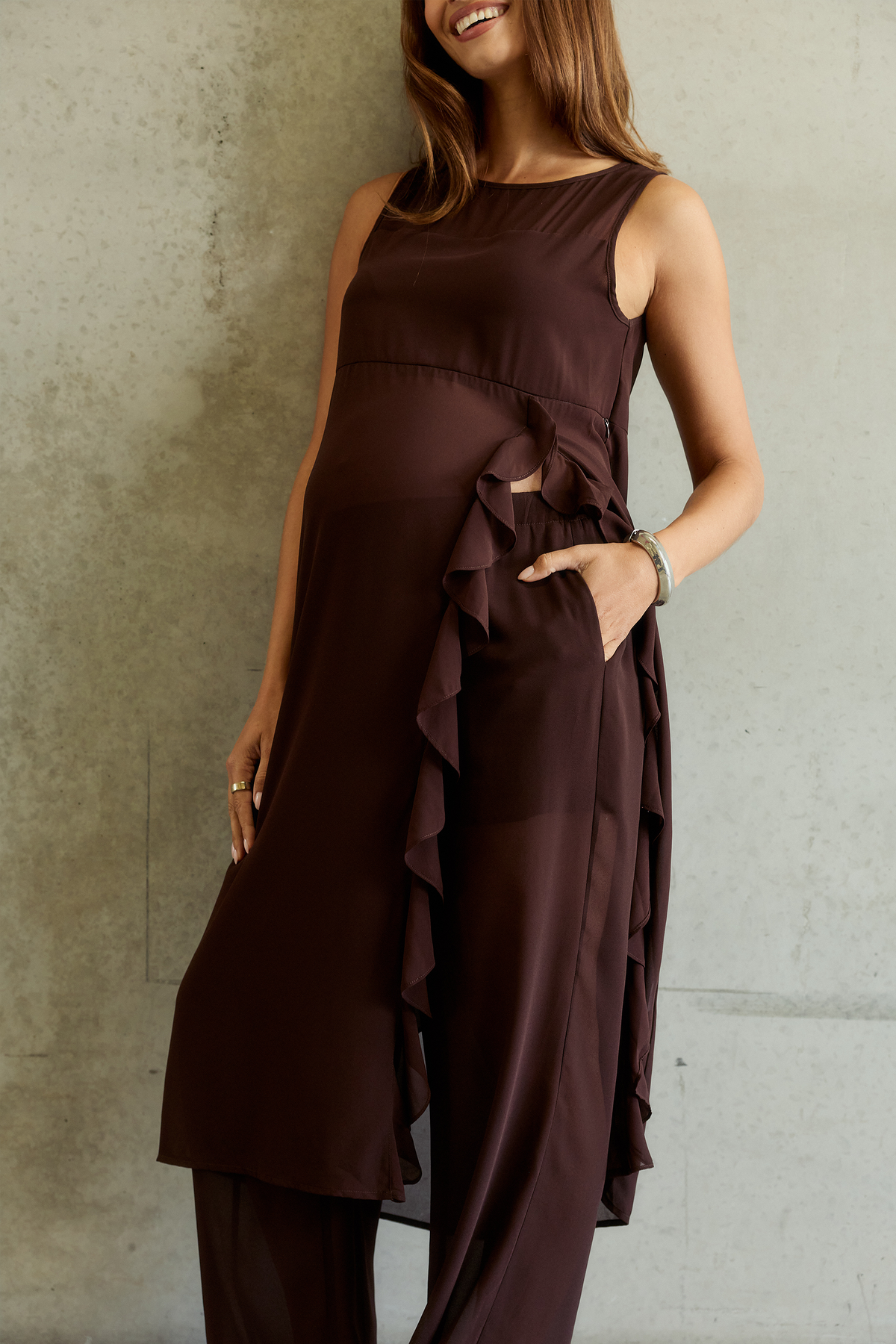 Zoi Sheer Longline Panel Top - Chocolate