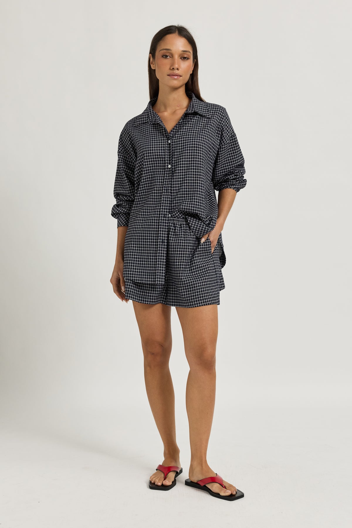 Morgan Check Wrap Button-Down Shirt - Navy