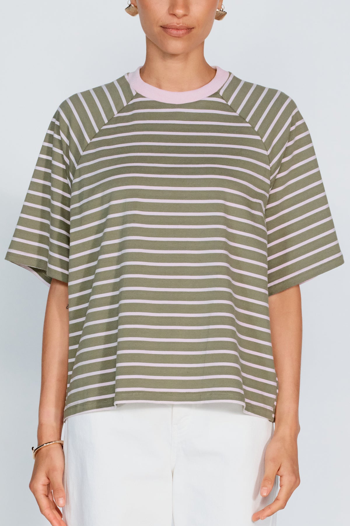 Classique Stripe Box-Cut Tee - Khaki / Pink