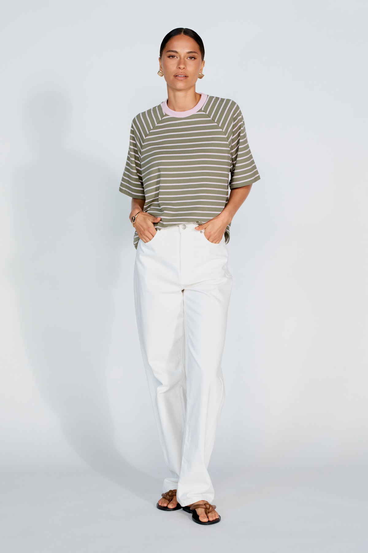 Classique Stripe Box-Cut Tee - Khaki / Pink