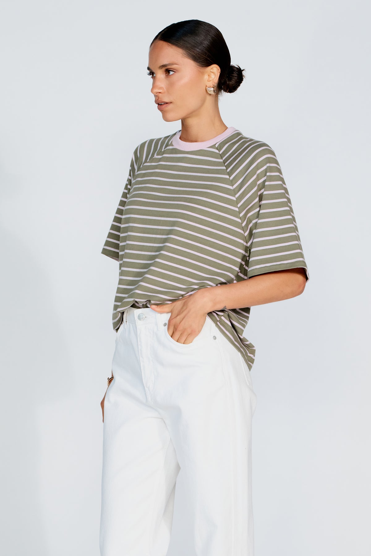 Classique Stripe Box-Cut Tee - Khaki / Pink