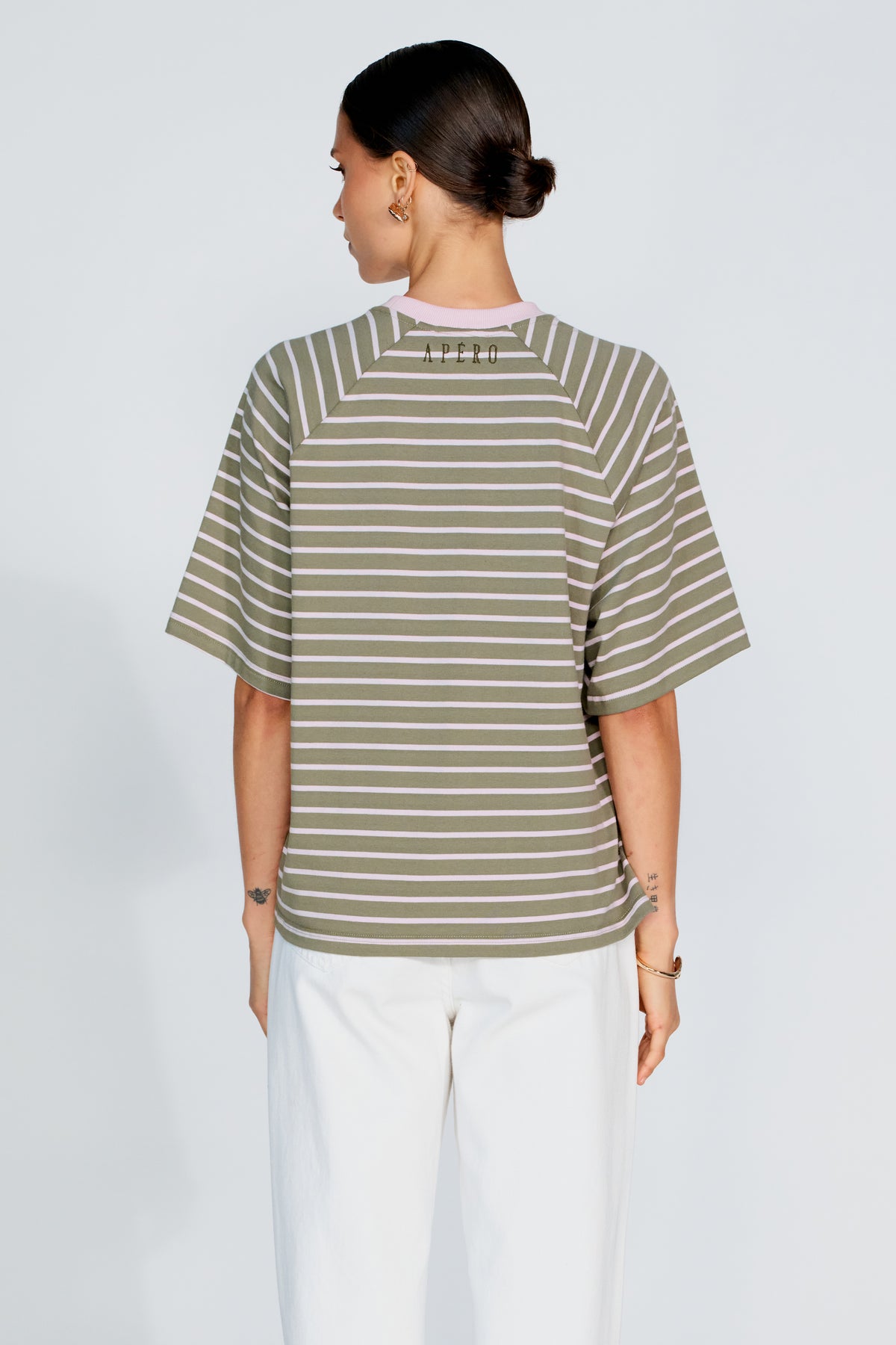 Classique Stripe Box-Cut Tee - Khaki / Pink
