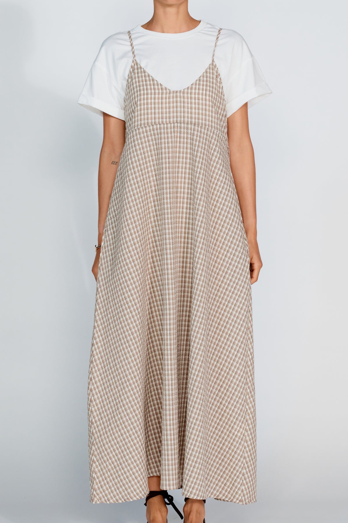 Olivia Layered Two-Piece Babydoll Dress - White / Beige Plaid