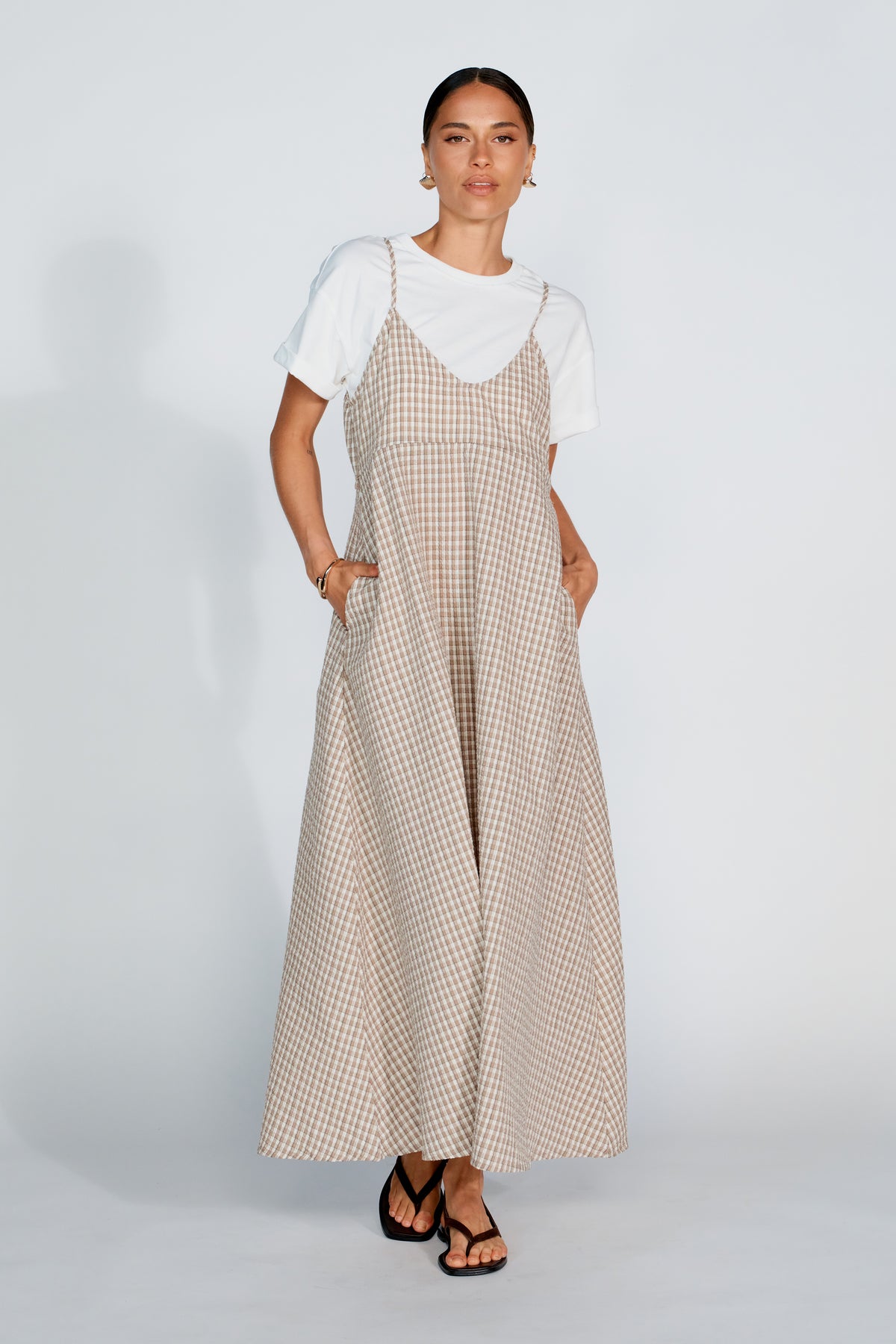 Olivia Layered Two-Piece Babydoll Dress - White / Beige Plaid